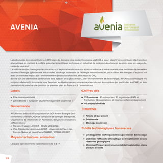 AVENIA GéoSciences 
pour l'Énergie et 
l'Environnement 
Labellisé pôle de compétitivité en 2010 dans le domaine des écotechnologies, AVENIA a pour objectif de contribuer à la transition 
énergétique en mettant à profi t le potentiel scientifi que, technique et industriel de la région Aquitaine et au-delà, pour un usage du-rable 
du sous-sol. 
La maîtrise des technologies d’exploration et d’exploitation du sous-sol et de surveillance s’avère cruciale pour mobiliser de nouvelles 
sources d’énergie (géothermie industrielle, stockage souterrain de l’énergie intermittente) et pour utiliser les énergies d’aujourd’hui 
avec un moindre impact sur l’environnement (ressources fossiles, stockage du CO2). 
Basée sur une démarche partenariale des acteurs des géosciences, de l’environnement et de l’énergie, AVENIA accompagne les 
projets collaboratifs innovants pour favoriser le développement des entreprises de son écosystème (en particulier les PME), et leur 
permettre de prendre une position de premier plan en France et à l’international. 
Labels 
 Pôle de compétitivité 
 Label Bronze « European Cluster Management Excellence » 
Gouvernance 
AVENIA est adossé à l’association loi 1901 Avenir Energie Envi-ronnement, 
créée en 2006 et composée de collèges Entreprises, 
Organismes de Recherche et Formation, Structures incitatives 
et fédératives. 
 Président: Alain LEHNER - SEMM LOGGING 
 Vice-Présidents: Jean-Louis GOUT - Université de Pau et des 
Pays de l’Adour, et Jean-Pascal SIMARD - VERMILION REP 
Moyens techniques, animation 
L’équipe opérationnelle est composée de 5 ETP. 
Chi res clés 
 132 membres: 81 entreprises, 33 organismes RD et 
Formation, 18 associations et structures d’accompagnement 
 40 projets labellisés 
3 marchés 
 Pétrole et Gaz amont 
 Géothermie 
 Stockage souterrain 
3 défi s technologiques transverses 
 Développer les techniques de récupération et de stockage 
 Optimiser l’e cacité énergétique de l’exploitation de ces 
réservoirs géologiques 
 Minimiser l’impact environnemental de l’exploitation et des 
produits extraits 
24 
 