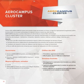 AEROCAMPUS 
CLUSTER 
Créé en 2012, AEROCAMPUS Cluster est le premier cluster de formation en France. Il s’agit d’un regroupement d’organismes publics 
et privés dédié à la formation aéronautique en réponse à tous les besoins de cette industrie. 
AEROCAMPUS Aquitaine constitue désormais une attractivité pour toute la fi lière aéronautique. 
L’objectif d’AEROCAMPUS Cluster est d’apporter des réponses opérationnelles et complètes à tous les besoins de formation des 
entreprises aéronautiques: maintenance, composites, réparation, soudure, matériaux, peinture, collage, e-learning, part… 
Objectifs : 
 Structurer une o re commerciale de partenaires experts à même d’accompagner les donneurs d’ordre 
 Permettre des actions collaboratives de développement et de promotion des formations aéronautiques 
 Constituer une ressource à même de collaborer avec les instances en charge du fi nancement 
 Etre en veille des besoins des entreprises pour s’assurer de l’adéquation de l’o re à la demande 
Gouvernance 
 Division d’AEROCAMPUS Aquitaine, association loi 1901 créée 
en avril 2011 
 Directeur Général d’AEROCAMPUS Aquitaine : Jérôme 
VERSCHAVE 
Moyens techniques, animation 
 0,4 ETP 
 AEROCAMPUS Cluster est soutenu par la Région Aquitaine 
pour son développement et son animation 
Chi res clés 2013 
 19 membres, organismes de formation 
 E ectif global: plus de 4 000 dans le Sud-Ouest 
Domaines d’activités 
 Développement et valorisation de la formation aux métiers 
de l’aéronautique 
 Ingénierie pédagogique pour la création de parcours de 
formation innovants 
 Actions collectives sur les besoins en formation des métiers 
en tension et / ou en évolution en aéronautique 
32 
 