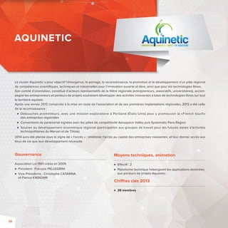 AQUINETIC 
Le cluster Aquinetic a pour objectif l’émergence, le portage, la reconnaissance, la promotion et le développement d’un pôle régional 
de compétences scientifi ques, techniques et industrielles pour l’innovation ouverte et libre, ainsi que pour les technologies libres. 
Son comité d’orientation, constitué d’acteurs représentatifs de la fi lière régionale (entrepreneurs, associatifs, universitaires), accom-pagne 
les entrepreneurs et porteurs de projets souhaitant développer des activités innovantes à base de technologies libres sur tout 
le territoire aquitain. 
Après une année 2012 consacrée à la mise en route de l’association et de ses premières implantations régionales, 2013 a été celle 
de la reconnaissance: 
 Débouchés prometteurs, avec une mission exploratoire à Portland (États-Unis) pour y promouvoir la «French touch» 
des entreprises régionales 
 Conventions de partenariat signées avec les pôles de compétitivité Aerospace Valley puis Systematic Paris Région 
 Soutien au développement économique régional (participation aux groupes de travail pour les futures zones d’activités 
technopolitaines du Marsan et de Thèze). 
2014 aura été placée sous le signe de «l’accès»: améliorer l’accès au capital des entreprises naissantes, et leur donner accès aux 
lieux de vie que leur développement nécessite. 
Moyens techniques, animation 
 E ectif : 2 
 Plateforme technique hébergeant les applications destinées 
aux porteurs de projets Aquinetic 
Chi res clés 2013 
 28 membres 
Gouvernance 
Association Loi 1901 créée en 2009 
 Président : François PELLEGRINI 
 Vice-Présidents : Christophe CATARINA 
et Patrice KADIONIK 
38 
 
