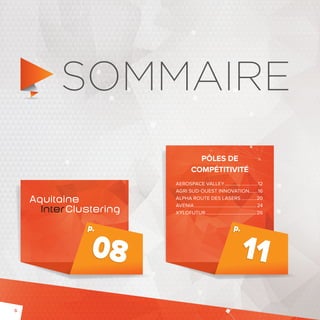 PÔLES DE 
COMPÉTITIVITÉ 
p. 
p. 
11 
08 
AEROSPACE VALLEY ............................12 
AGRI SUDOUEST INNOVATION .......16 
ALPHA ROUTE DES LASERS .............20 
AVENIA .....................................................24 
XYLOFUTUR ...........................................26 
6 
SOMMAIRE 
 