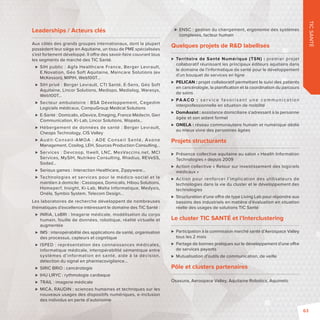 TIC SANTÉ 
Leaderships / Acteurs clés 
Aux côtés des grands groupes internationaux, dont la plupart 
possèdent leur siège en Aquitaine, un tissu de PME spécialisées 
s’est fortement développé. Il o re des savoir-faire couvrant tous 
les segments de marché des TIC Santé. 
 SIH public: Agfa Healthcare France, Berger Levrault, 
E.Novation, Géo Soft Aquitaine, Maincare Solutions (ex 
McKesson), MIPIH, Web100T… 
 SIH privé : Berger Levrault, CTI Santé, E-Sens, Géo Soft 
Aquitaine, Lincor Solutions, Medispo, Medialog, Waresys, 
Web100T… 
 Secteur ambulatoire: BSA Développement, Cegedim 
Logiciels médicaux, CompuGroup Medical Solutions 
 E-Santé: Domicalis, eDevice, Emaging, France Médecin, Geri 
Communication, Ki-Lab, Lincor Solutions, Wopata… 
 Hébergement de données de santé: Berger Levrault, 
Cheops Technology, CIS Valley 
 Audi t -Consei l -AMOA : ADE Consei l Santé, Axone 
Management, Cosilog, LEH, Sources Production Consulting… 
 Services: Devcoop, Itwell, LNC, MesVaccins.net, MCI 
Services, MySIH, Nutrikeo Consulting, Rhadius, REVeSS, 
Sodad… 
 Serious games : Interaction Healthcare, Zippyware… 
 Technologies et services pour le médico-social et le 
maintien à domicile : Cassiopea, Domicalis, Hibou Solutions, 
Homeperf, Insight, Ki-Lab, Malta Informatique, Medysis, 
Onéla, Symbio System, Telecom Design… 
Les laboratoires de recherche développent de nombreuses 
thématiques d’excellence intéressant le domaine des TIC Santé: 
 INRIA, LaBRI: Imagerie médicale, modélisation du corps 
humain, fouille de données, robotique, réalité virtuelle et 
augmentée 
 IMS: interopérabilité des applications de santé, organisation 
des processus, capteurs et cognitique 
 ISPED: représentation des connaissances médicales, 
informatique médicale, interopérabilité sémantique entre 
systèmes d’information en santé, aide à la décision, 
détection du signal en pharmacovigilance… 
 SIRIC BRIO: cancérologie 
 IHU LIRYC: rythmologie cardiaque 
 TRAIL: imagerie médicale 
 MICA, RAUDIN: sciences humaines et techniques sur les 
nouveaux usages des dispositifs numériques, e-inclusion 
des individus en perte d’autonomie 
 ENSC: gestion du changement, ergonomie des systèmes 
complexes, facteur humain 
Quelques projets de RD labellisés 
 Territoire de Santé Numérique (TSN): premier projet 
collaboratif réunissant les principaux éditeurs aquitains dans 
le domaine de l’informatique de santé pour le développement 
d’un bouquet de services en ligne 
 PELICAN: projet collaboratif permettant le suivi des patients 
en cancérologie, la planifi cation et la coordination du parcours 
de soins 
 PA ACO : s e r v i c e f a vo r i s a n t u n e commu n i c a t i o n 
interprofessionnelle en situation de mobilité 
 DomAssist: assistance domiciliaire s’adressant à la personne 
âgée et son aidant formel 
 ONELA: réseau communautaire humain et numérique dédié 
au mieux vivre des personnes âgées 
Projets structurants 
 Présence collective aquitaine au salon «Health Information 
Technologies» depuis 2009 
 Action collective «Retour sur investissement des logiciels 
médicaux» 
 Action pour renforcer l’implication des utilisateurs de 
technologies dans la vie du cluster et le développement des 
technologies 
 Structuration d’une o re de type Living Lab pour répondre aux 
besoins des industriels en matière d’évaluation en situation 
réelle des usages de solutions TIC Santé 
Le cluster TIC SANTÉ et l’Interclustering 
 Participation à la commission marché santé d’Aerospace Valley 
tous les 2 mois 
 Partage de bonnes pratiques sur le développement d’une o re 
de services payants 
 Mutualisation d’outils de communication, de veille 
Pôle et clusters partenaires 
Osasuna, Aerospace Valley, Aquitaine Robotics, Aquinetic 
63 
 