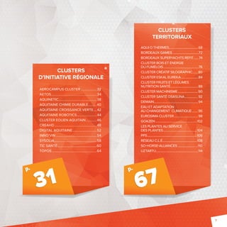 31 
67 
p. 
p. 
AQUI O THERMES ........................................68 
BORDEAUX GAMES ....................................72 
BORDEAUX SUPERYACHTS REFIT .......74 
CLUSTER BOIS ET ÉNERGIE 
DU FUMÉLOIS .................................................76 
CLUSTER CRÉATIF SILOGRAPHIC .......80 
CLUSTER ESKAL EUREKA ....................... 84 
CLUSTER FRUITS ET LÉGUMES 
NUTRITION SANTÉ ......................................88 
CLUSTER MACHINISME ............................90 
CLUSTER SANTÉ OSASUNA .................. 92 
DEMAIN ............................................................. 94 
EAU ET ADAPTATION 
AU CHANGEMENT CLIMATIQUE ........96 
EUROSIMA CLUSTER .................................98 
GOAZEN ..........................................................102 
LES PLANTES AU SERVICE 
DES PLANTES ...............................................104 
PPS .................................................................... 106 
RÉSEAU C.L.É ................................................108 
SOHORSEALLIANCES ............................110 
UZTARTU ..........................................................114 
AEROCAMPUS CLUSTER ...................32 
AETOS .......................................................34 
AQUINETIC ..............................................38 
AQUITAINE CHIMIE DURABLE ..........40 
AQUITAINE CROISSANCE VERTE ....42 
AQUITAINE ROBOTICS ........................44 
CLUSTER EOLIEN AQUITAIN .............46 
CREAHD ...................................................48 
DIGITAL AQUITAINE .............................52 
INNO’VIN .................................................54 
SYSOLIA ...................................................58 
TIC SANTÉ ...............................................60 
TOPOS ......................................................64 
CLUSTERS 
TERRITORIAUX 
CLUSTERS 
D’INITIATIVE RÉGIONALE 
7 
 