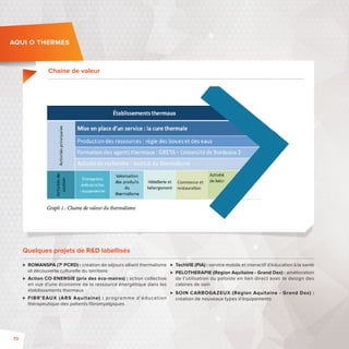 AQUI O THERMES 
Quelques projets de RD labellisés 
 ROMANSPA (7e PCRD) : création de séjours alliant thermalisme 
et découverte culturelle du territoire 
 Action CO-ENERGIE (prix des éco-maires) : action collective 
en vue d’une économie de la ressource énergétique dans les 
établissements thermaux 
 FIBR’EAUX (ARS Aquitaine) : programme d’éducat ion 
thérapeutique des patients fi bromyalgiques 
 TechVIE (PIA) : service mobile et interactif d’éducation à la santé 
 PELOTHERAPIE (Région Aquitaine -Grand Dax) : amélioration 
de l’utilisation du péloïde en lien direct avec le design des 
cabines de soin 
 SOIN CARBOGAZEUX (Région Aquitaine - Grand Dax) : 
création de nouveaux types d’équipements 
Chaine de valeur 
70 
 