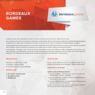 BORDEAUX 
GAMES 
L’industrie du jeu vidéo à Bordeaux est née il y a 20 ans, avec deux success stories : Kalisto puis In-Fusio. 
De cet héritage sont nées cinq entreprises à Bordeaux : Asobo Studio, AtOnce Technologies, BeTomorrow, SC2X/ Mad Monkey Studio 
et SolidGame. En 2007, elles s’unissaient pour fédérer les acteurs du jeu vidéo en Aquitaine et fondaient Bordeaux Games. 
Aujourd’hui Bordeaux Games regroupe une trentaine d’adhérents, de l’indépendant ingénieux au groupe côté en Bourse, en passant 
par des PME ou même des SCOP. Leur passion du jeu vidéo et de la création ludique (ou sérieuse) les réunit. 
Leurs objectifs : s’entraider, créer, recruter et favoriser les emplois et l’essor de la fi lière jeu vidéo en Aquitaine et en France. La plu-part 
des studios sont à Bordeaux, mais de plus en plus arrivent de toute la région Aquitaine. Le lien privilégié avec le SNJV (Syndicat 
National du Jeu Vidéo) permet également de représenter la fi lière jeu vidéo Aquitaine à l’international. 
Acteurs clés 
Asobo, Aesia, BeTomorrow, ConcoursMania, IDSC Group, 
Sublinet, Dessine Moi un Son, Shinypix, Triplefun, Motion Twin… 
Domaines d’activités 
3 pôles au sein de Bordeaux Games : 
 le pôle GAMING, spécif ique aux acteurs du Jeux (PC, 
Smartphones, Tablettes, Consoles) 
 le pôle SERIOUS GAMING, le jeu à but pédagogique, 
de formation, idéologique… 
 le pôle GAMIFICATION, les mécaniques et théories du jeu 
pour tous les secteurs d’activités 
Chaque membre peut faire partie d’un ou plusieurs pôles en 
fonction de son métier et de ses marchés. 
Gouvernance 
Association Loi 1901 créée en 2007 
 Président: Frédéric RORAI 
 Secrétaire Général: Nicolas BARIDON 
Chi res clés 
 27 sociétés / membres actifs 
 40 projets en cours 
 30 M€ de CA 
72 
 