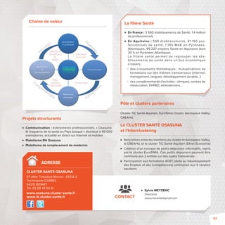 La fi lière Santé 
 En France : 3 560 établissements de Santé, 1,4 million 
de professionnels 
 En Aquitaine : 558 établissements, 61 150 pro-fessionnels 
de santé, 1 ,195 Md€ en Pyrénées- 
Atlantiques, 99 227 emplois Santé en Aquitaine dont 
20% en Pyrénées Atlantiques 
La f i l ière santé permet de regrouper les éta-blissements 
de santé dans un but économique 
à travers : 
 des croisements thématiques : mutualisations de 
formations sur des thèmes transversaux (internet, 
management, langues, développement durable...) 
 des complémentarité d’activités : cliniques, centres de 
rééducation, EHPAD, ambulanciers... 
 Sylvie MEYZENC 
Directrice 
osasunasante@gmail.com 
ADRESSE 
CLUSTER SANTÉ OSASUNA 
97 allée Théodore Monod -ESTIA 2 
Technopole IZARBEL 
64210 BIDART 
Tél. 05 59 43 54 51 
www.osasuna.cluster-sante.fr 
www.rh.cluster-sante.fr 
CONTACT 
Chaine de valeur 
Pôle et clusters partenaires 
Cluster TIC Santé Aquitain, EuroSIma Cluster, Aerospace Valley, 
CREAHd 
Le CLUSTER SANTÉ OSASUNA 
et l’Interclustering 
 Rencontres entre les membres du cluster et Aerospace Valley, 
le CREAHd, et le cluster TIC Santé Aquitain (Silver Economie) 
 Création d’un concept de petits déjeuners informatifs, repris 
par le cluster EuroSIMA. Ces petits déjeuners peuvent être 
communs aux 2 entités sur des sujets transverses 
 Participation aux formations ADEC (Aide au Développement 
des Emplois et des Compétences) communes aux 5 clusters 
aquitains 
Projets structurants 
 Communication: événements professionnels, «Osasuna, 
le magazine de la santé au Pays basque» distribué à 40000 
exemplaires, actualité en direct sur Internet et mobiles 
 Plateforme RH Osasuna 
 Plateforme de remplacement de médecins 
93 
 