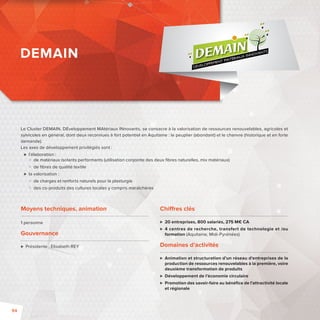 Le Cluster DEMAIN, DEveloppement MAtériaux INnovants, se consacre à la valorisation de ressources renouvelables, agricoles et 
sylvicoles en général, dont deux reconnues à fort potentiel en Aquitaine : le peuplier (abondant) et le chanvre (historique et en forte 
demande). 
Les axes de développement privilégiés sont: 
 l’élaboration: 
 de matériaux isolants performants (utilisation conjointe des deux fi bres naturelles, mix matériaux) 
 de fi bres de qualité textile 
 la valorisation : 
 de charges et renforts naturels pour la plasturgie 
 des co-produits des cultures locales y compris maraîchères 
Moyens techniques, animation 
1 personne 
Gouvernance 
 Présidente: Elisabeth REY 
Chi res clés 
 20 entreprises, 800 salariés, 275 M€ CA 
 4 centres de recherche, transfert de technologie et /ou 
formation (Aquitaine, Midi-Pyrénées) 
Domaines d’activités 
 Animation et structuration d’un réseau d’entreprises de la 
production de ressources renouvelables à la première, voire 
deuxième transformation de produits 
 Développement de l’économie circulaire 
 Promotion des savoir-faire au bénéfi ce de l’attractivité locale 
et régionale 
DEMAIN 
DEMEMEMAMAMAIN 
DÉVELOPPEMENT MATÉRIAUX INNOVANTS 
94 
 