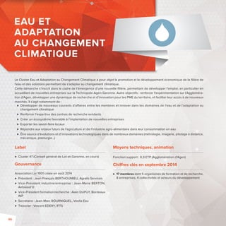 EAU ET 
ADAPTATION 
AU CHANGEMENT 
CLIMATIQUE 
Le Cluster Eau et Adaptation au Changement Climatique a pour objet la promotion et le développement économique de la fi lière de 
l’eau et des solutions permettant de s’adapter au changement climatique. 
Cette démarche s’inscrit dans le cadre de l’émergence d’une nouvelle fi lière, permettant de développer l’emploi, en particulier en 
accueillant de nouvelles entreprises sur la Technopole Agen-Garonne. Autre objectifs: renforcer l’expérimentation sur l’Aggloméra-tion 
d’Agen, développer une dynamique de recherche et d’innovation pour les PME du territoire, et faciliter leur accès à de nouveaux 
marchés. Il s’agit notamment de : 
 Développer de nouveaux courants d’a aires entre les membres et innover dans les domaines de l’eau et de l’adaptation au 
changement climatique 
 Renforcer l’expertise des centres de recherche existants 
 Créer un écosystème favorable à l’implantation de nouvelles entreprises 
 Exporter les savoir-faire locaux 
 Répondre aux enjeux futurs de l’agriculture et de l’industrie agro-alimentaire dans leur consommation en eau 
 Être source d’évolutions et d’innovations technologiques dans de nombreux domaines (métrologie, imagerie, pilotage à distance, 
mécanique, plasturgie…) 
Label 
Moyens techniques, animation 
Fonction support: 0,3 ETP (Agglomération d’Agen) 
Chi res clés en septembre 2014 
 17 membres dont 5 organismes de formation et de recherche, 
8 entreprises, 4 collectivités et acteurs du développement 
 Cluster 47 (Conseil général de Lot-et-Garonne, en cours) 
Gouvernance 
Association Loi 1901 créée en août 2014 
 Président: Jean-François BERTHOUMIEU, Agralis Services 
 Vice-Président industrie/entreprise : Jean-Marie BERTON, 
Airbiosol’O 
 Vice-Président formation/recherche: Alain DUPUY, Bordeaux 
INP 
 Secrétaire: Jean-Marc BOURNIQUEL, Veolia Eau 
 Trésorier: Vincent EDERY, IFTS 
96 
 