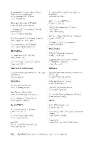 208 Apêndice 2 Organizações envolvidas com governança corporativa
Auto-regulador del Mercado de Valores
www.amvcolombia.org.co
Bolsa de Valores de Colombia
www.bvc.com.co
Cámara de Comercio de Medellín
www.camaramedellin.com.co
Confederación Colombiana de Cámaras
de Comercio
www.confecamaras.org.co
Superintendencia Financiera de Colombia
www.superfinanciera.gov.co
Superintendencia de Sociedades
www.supersociedades.gov.co
COSTA RICA
Bolsa de Valores de Costa Rica
www.bolsacr.com
Superintendencia General de Valores
www.sugeval.fi.cr
REPÚBLICA DOMINICANA
Superintendencia de Valores de la República
Dominicana
www.siv.gov.do
EQUADOR
Bolsa de valores de Quito
www.bolsadequito.com
Buen Gobierno Corporativo
www.gobiernocorporativo.com.ec
Superintendencia de Compañías
www.supercias.gov.ec
EL SALVADOR
Bolsa de Valores de El Salvador
www.bves.com.sv
Superintendencia de Valores
www.superval.gob.sv
MÉXICO
Asociación de Bancos de México
www.abm.org.mx
Asociación Mexicana de Intermediarios
Bursátiles
www.amib.com.mx
Bolsa Mexicana de Valores
www.bmv.com.mx
Centro de Excelencia en Gobierno
Corporativo
www.uas.mx/cegc
Comisión Nacional Bancaria y de Valores
www.cnbv.gob.mx
Consejo Coordinador Empresarial
www.cce.org.mx
NICARÁGUA
Bolsa de Valores de Nicaragua
www.bolsanic.com
Superintendencia de Bancos y Otras
Instituciones Financieras
www.siboif.gob.ni
PANAMÁ
Asociación de Administradoras de Fondos
de Pensión
www.asociacionafp.com.pe
Bolsa de valores de Panamá
www.panabolsa.com
Comisión Nacional de Valores
www.conaval.gob.pa
Instituto de Gobierno Coporativo Panamá
www.igc-panama.org
PERU
Bolsa de valores de Lima
www.bvl.com.pe
Comisión Nacional Supervisora Empresas y
Valores
www.conasev.gob.pe
Procapitales
www.invertir.org.pe/procapitales.asp
Portuguese Practical Guide.indd 208 3/15/10 4:00:52 PM
 