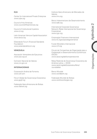 Apêndice
2
209
Guia Prático de Governança Corporativa
Organizações
EUA
Center for International Private Enterprise
www.cipe.org
Council of the Americas
www.counciloftheamericas.org
Council of Institutional Investors
www.cii.org
Latin American Venture Capital Association
www.lavca.org
EStandards Forum (Financial Standards
Foundation)
www.estandardsforum.org
VENEZUELA
Asociación Venezolana de Ejecutivos
www.ave.org.ve
Comisión Nacional de Valores
www.cnv.gov.ve
INTERNACIONAIS
Corporación Andina de Fomento
www.caf.com
Fórum Global de Governança Corporativa
www.gcgf.org
Federação Ibero-Americana de Bolsas
www.fiabnet.org
Instituto Ibero-Americano de Mercados de
Valores
www.iimv.org
Banco Interamericano de Desenvolvimento
www.iadb.org
International Corporate Governance
Network (Rede Internacional de Governança
Corporativa)
www.icgn.org
Corporação Financeira Internacional
www.ifc.org/corporategovernance
Fundo Monetário Internacional
www.imf.org
Círculo de Companhias da Organização para a
Cooperação e Desenvolvimento Econômicos
(OCDE)
www.oecd.org/daf/companiescircle
Mesa Redonda de Governança Corporativa da
América Latina — OCDE
www.oecd.org/daf/corporate-affairs/
roundtables
Banco Mundial
www.worldbank.org
Federação Mundial de Bolsas
www.world-exchanges.org
Portuguese Practical Guide.indd 209 3/15/10 4:00:52 PM
 