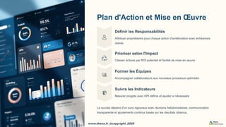 www.theos.fr_@copyright_2025
www.theos.fr_@copyright_2025
Plan d'Action et Mise en Œuvre
Définir les Responsabilités
Attribuer propriétaires pour chaque action d'amélioration avec échéances
claires
Prioriser selon l'Impact
Classer actions par ROI potentiel et facilité de mise en œuvre
Former les Équipes
Accompagner collaborateurs aux nouveaux processus optimisés
Suivre les Indicateurs
Mesurer progrès avec KPI définis et ajuster si nécessaire
Le succès dépend d'un suivi rigoureux avec réunions hebdomadaires, communication
transparente et ajustements continus basés sur les résultats obtenus.
 