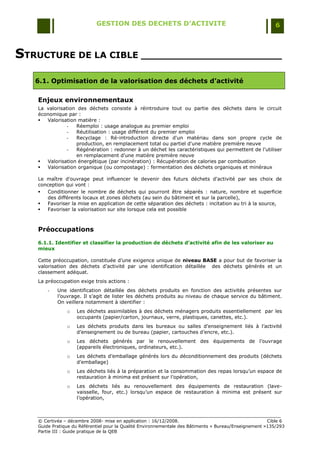 GESTION DES DECHETS D’ACTIVITE                                                6



STRUCTURE DE LA CIBLE _______________________
   6.1. Optimisation de la valorisation des déchets d’activité

   Enjeux environnementaux
   La valorisation des déchets consiste à réintroduire tout ou partie des déchets dans le circuit
   économique par :
     Valorisation matière :
               -  Réemploi : usage analogue au premier emploi
               -  Réutilisation : usage différent du premier emploi
               -  Recyclage : Ré-introduction directe d'un matériau dans son propre cycle de
                  production, en remplacement total ou partiel d'une matière première neuve
               -  Régénération : redonner à un déchet les caractéristiques qui permettent de l'utiliser
                  en remplacement d'une matière première neuve
     Valorisation énergétique (par incinération) : Récupération de calories par combustion
     Valorisation organique (ou compostage) : fermentation des déchets organiques et minéraux

   Le maître d'ouvrage peut influencer le devenir des futurs déchets d'activité par ses choix de
   conception qui vont :
     Conditionner le nombre de déchets qui pourront être séparés : nature, nombre et superficie
      des différents locaux et zones déchets (au sein du bâtiment et sur la parcelle),
     Favoriser la mise en application de cette séparation des déchets : incitation au tri à la source,
     Favoriser la valorisation sur site lorsque cela est possible



   Préoccupations
   6.1.1. Identifier et classifier la production de déchets d’activité afin de les valoriser au
   mieux

   Cette préoccupation, constituée d‟une exigence unique de niveau BASE a pour but de favoriser la
   valorisation des déchets d‟activité par une identification détaillée des déchets générés et un
   classement adéquat.
   La préoccupation exige trois actions :
       -   Une identification détaillée des déchets produits en fonction des activités présentes sur
           l‟ouvrage. Il s‟agit de lister les déchets produits au niveau de chaque service du bâtiment.
           On veillera notamment à identifier :
               o   Les déchets assimilables à des déchets ménagers produits essentiellement par les
                   occupants (papier/carton, journaux, verre, plastiques, canettes, etc.).
               o   Les déchets produits dans les bureaux ou salles d‟enseignement liés à l‟activité
                   d‟enseignement ou de bureau (papier, cartouches d‟encre, etc.).
               o   Les déchets générés par le renouvellement des équipements de l‟ouvrage
                   (appareils électroniques, ordinateurs, etc.).
               o   Les déchets d‟emballage générés lors du déconditionnement des produits (déchets
                   d‟emballage)
               o   Les déchets liés à la préparation et la consommation des repas lorsqu‟un espace de
                   restauration à minima est présent sur l‟opération,
               o   Les déchets liés au renouvellement des équipements de restauration (lave-
                   vaisselle, four, etc.) lorsqu‟un espace de restauration à minima est présent sur
                   l‟opération,



   © Certivéa Ŕ décembre 2008- mise en application : 16/12/2008.                                       Cible 6
   Guide Pratique du Référentiel pour la Qualité Environnementale des Bâtiments « Bureau/Enseignement »135/293
   Partie III : Guide pratique de la QEB
 