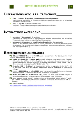 GESTION DES DECHETS D’ACTIVITE                                                6



INTERACTIONS AVEC LES AUTRES CIBLES __________
        Cible 1 "Relation du bâtiment avec son environnement immédiat"
        Implantation et accessibilité de l‟aire de regroupement des déchets et de l‟aire de compostage
        des déchets verts éventuelle.
        Cible 12 "Qualité sanitaire des espaces"
        Conditions d'hygiène spécifiques des locaux et équipements déchets.




INTERACTIONS AVEC LE SMO ____________________
        Annexe A.7 - Carnet de vie du bâtiment
        Transmettre à l'exploitant et au gestionnaire les données prévisionnelles sur les déchets
        d'activités (nature, catégorie, quantités, flux, filières, coûts).
        Annexe A.8 – Documents de sensibilisation à destination des occupants
        Prévoir les documents à installer dans les parties communes et privatives afin de sensibiliser
        les occupants (personnel et clients) au tri des déchets (documentation générale, affichettes
        près des dispositifs de tri…)




REFERENCES REGLEMENTAIRES                                       _________________
   [A] Décret n° 2002-540 du 18 avril 2002 relatif à la classification des déchets, codifié dans le
   [A]
   [A]
   code de l‟environnement (article R.541-8).
   [B] Décret n° 94-609 du 13 juillet 1994 portant application de la loi n°75-633 relative à
   [B]
   [B]
        l‟élimination des déchets et à la récupération des matériaux et relatif, notamment, aux
        déchets d‟emballages dont les détenteurs ne sont pas les ménages, codifié dans le Code de
        l‟Environnement dans les articles R.543-66 à R.543-72)
   [C] Circulaire n°95-49 du 13 avril 1995, concernant la mise en application du décret n°94-609
   [C]
   [C]
        du 13 juillet 1994 relatif aux déchets d‟emballages dont les détenteurs ne sont pas les
        ménages
   [D] Décret n°2005-829 du 20 juillet 2005, relatif à la composition des équipements électriques
   [D]
   [D]
        et électroniques et à l‟élimination des déchets issus de ces équipements.
   [E] Décret n°97-1328 du 30 décembre 1997, relatif à la mise sur le marché des piles et
   [E]
   [E]
        accumulateurs contenant certaines matières dangereuses et à leur élimination
   [F] Guide pratique "Habitat collectif : mettre en œuvre ou développer la collecte sélective", édité
   [F]
   [F]
       par l'ADEME, Eco-Emballages, l'Association des Maires de France et l'Union nationale HLM en
       juin 2001
   [G] Lexique déchets :
   [ G]
   [ G]
    http://www.mines.unancy.fr/wwwenv/lexiques/lexique_dechet.htm




    © Certivéa Ŕ décembre 2008- mise en application : 16/12/2008.                                       Cible 6
    Guide Pratique du Référentiel pour la Qualité Environnementale des Bâtiments « Bureau/Enseignement »142/293
    Partie III : Guide pratique de la QEB
 