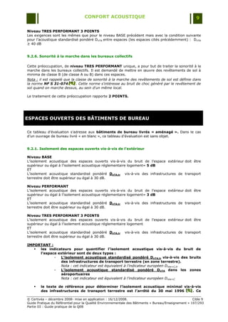 CONFORT ACOUSTIQUE                                                   9

Niveau TRES PERFORMANT 3 POINTS
Les exigences sont les mêmes que pour le niveau BASE précédent mais avec la condition suivante
pour l‟acoustique standardisé pondéré DnTA entre espaces (les espaces cités précédemment) : DnTA
≥ 40 dB


9.2.6. Sonorité à la marche dans les bureaux collectifs

Cette préoccupation, de niveau TRES PERFORMANT unique, a pour but de traiter la sonorité à la
marche dans les bureaux collectifs. Il est demandé de mettre en œuvre des revêtements de sol à
minima de classe B (de classe A ou B) dans ces espaces.
Nota : il est rappelé que la classe de sonorité à la marche des revêtements de sol est définie dans
la norme NF S 31-074 [G] . Cette norme s'intéresse au bruit de choc généré par le revêtement de
                        [G ]
                         [G ]
sol quand on marche dessus, au sein d'un même local.

Le traitement de cette préoccupation rapporte 2 POINTS.




ESPACES OUVERTS DES BÂTIMENTS DE BUREAU

Ce tableau d‟évaluation s‟adresse aux bâtiments de bureau livrés « aménagé ». Dans le cas
d‟un ouvrage de bureau livré « en blanc », ce tableau d‟évaluation est sans objet.


9.2.1. Isolement des espaces ouverts vis-à-vis de l’extérieur

Niveau BASE
L‟isolement acoustique des espaces ouverts vis-à-vis du bruit de l‟espace extérieur doit être
supérieur ou égal à l‟isolement acoustique réglementaire logement– 5 dB
ET
L‟isolement acoustique standardisé pondéré DnTA,tr vis-à-vis des infrastructures de transport
terrestre doit être supérieur ou égal à 30 dB.

Niveau PERFORMANT
L‟isolement acoustique des espaces ouverts vis-à-vis du bruit de l‟espace extérieur doit être
supérieur ou égal à l‟isolement acoustique réglementaire logement– 3 dB
ET
L‟isolement acoustique standardisé pondéré DnTA,tr vis-à-vis des infrastructures de transport
terrestre doit être supérieur ou égal à 30 dB.

Niveau TRES PERFORMANT 3 POINTS
L‟isolement acoustique des espaces ouverts vis-à-vis du bruit de l‟espace extérieur doit être
supérieur ou égal à l‟isolement acoustique réglementaire logement
ET
L‟isolement acoustique standardisé pondéré DnTA,tr vis-à-vis des infrastructures de transport
terrestre doit être supérieur ou égal à 30 dB.

IMPORTANT :
    les indicateurs pour quantifier l’isolement acoustique vis-à-vis du bruit de
     l’espace extérieur sont de deux types :
            -  L’isolement acoustique standardisé pondéré DnTA,tr vis-à-vis des bruits
               des infrastructures de transport terrestre (en zone terrestre).
               Nota : cet indicateur est équivalent à l’indicateur européen Dntw+C,tr
            -  L’isolement acoustique standardisé pondéré DnTA dans les zones
               aéroportuaires
               Nota : cet indicateur est équivalent à l’indicateur européen Dntw+C

       le texte de référence pour déterminer l’isolement acoustique minimal vis-à-vis
        des infrastructures de transport terrestre est l’arrêté du 30 mai 1996 [B] . Ce
                                                                               [B]
                                                                               [B]

© Certivéa Ŕ décembre 2008- mise en application : 16/12/2008.                                         Cible 9
Guide Pratique du Référentiel pour la Qualité Environnementale des Bâtiments « Bureau/Enseignement » 197/293
Partie III : Guide pratique de la QEB
 