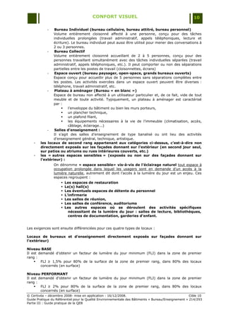 CONFORT VISUEL                                                 10

            -   Bureau Individuel (bureau cellulaire, bureau attitré, bureau personnel)
                Volume entièrement cloisonné affecté à une personne, conçu pour des tâches
                individuelles prolongées (travail administratif, appels téléphoniques, lecture et
                écriture). Le bureau individuel peut aussi être utilisé pour mener des conversations à
                2 ou 3 personnes.
            -   Bureau Collectif
                Volume entièrement cloisonné accueillant de 2 à 5 personnes, conçu pour des
                personnes travaillant simultanément avec des tâches individuelles séparées (travail
                administratif, appels téléphoniques, etc.). Il peut comporter ou non des séparations
                partielles entre les postes de travail (cloisonnettes, écrans)
            -   Espace ouvert (bureau paysager, open-space, grands bureaux ouverts)
                Espace conçu pour accueillir plus de 5 personnes sans séparations complètes entre
                les postes. Les activités exercées dans un espace ouvert peuvent être diverses :
                téléphone, travail administratif, etc.
            -   Plateau à aménager (Bureau « en blanc »)
                Espace de bureau non affecté à un utilisateur particulier et, de ce fait, vide de tout
                meuble et de toute activité. Typiquement, un plateau à aménager est caractérisé
                par :
                        l‟enveloppe du bâtiment ou bien les murs porteurs,
                        un plancher technique,
                        un plafond filant,
                        les équipements nécessaires à la vie de l‟immeuble (climatisation, accès,
                         câblage, éclairage...)
            -   Salles d’enseignement :
                Il s‟agit des salles d‟enseignement de type banalisé ou ont lieu des activités
                d‟enseignement général, technique, artistique.
    -   les locaux de second rang appartenant aux catégories ci-dessus, c’est-à-dire non
        directement exposés sur les façades donnant sur l’extérieur (en second jour seul,
        sur patios ou atriums ou rues intérieures couverts, etc.)
    -   les « autres espaces sensibles » (exposés ou non sur des façades donnant sur
        l’extérieur) :
                On dénomme « espace sensible» vis-à-vis de l’éclairage naturel tout espace à
                occupation prolongée dans lequel les usagers sont en demande d‟un accès à la
                lumière naturelle, autrement dit dont l‟accès à la lumière du jour est un enjeu. Ces
                espaces regroupent :
                        Les espaces de restauration
                        Le(s) hall(s)
                        Les éventuels espaces de détente du personnel
                        L’infirmerie
                        Les salles de réunion,
                        Les salles de conférence, auditoriums
                        Les autres espaces où se déroulent des activités spécifiques
                           nécessitant de la lumière du jour : salles de lecture, bibliothèques,
                           centres de documentation, garderies d’enfant.


Les exigences sont ensuite différenciées pour ces quatre types de locaux :

Locaux de bureaux et d’enseignement directement exposés sur façades donnant sur
l’extérieur)

Niveau BASE
Il est demandé d‟obtenir un facteur de lumière du jour minimum (FLJ) dans la zone de premier
rang :
       FLJ ≥ 1,5% pour 80% de la surface de la zone de premier rang, dans 80% des locaux
        concernés (en surface)

Niveau PERFORMANT
Il est demandé d‟obtenir un facteur de lumière du jour minimum (FLJ) dans la zone de premier
rang :
       FLJ ≥ 2% pour 80% de la surface de la zone de premier rang, dans 80% des locaux
        concernés (en surface)
© Certivéa Ŕ décembre 2008- mise en application : 16/12/2008.                                        Cible 10
Guide Pratique du Référentiel pour la Qualité Environnementale des Bâtiments « Bureau/Enseignement » 214/293
Partie III : Guide pratique de la QEB
 