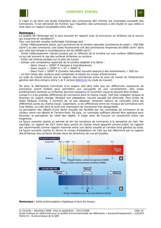 CONFORT VISUEL                                                 10

Il s‟agit ici de faire une étude d‟équilibre des luminances afin d‟éviter les contrastes excessifs des
luminances. Il est demandé de montrer que l‟équilibre des luminances a été étudié et que celles-ci
sont dans un rapport acceptable entre elles.

Remarque :
La qualité de l'éclairage est le plus souvent en rapport avec la luminance ou brillance de la source
qui s'exprime en candela/m2.
Pour une activité visuelle confortable l'éclairage doit :
- Eviter l'éblouissement direct, qu'il provienne de la lumière naturelle (luminance du soleil = 240 000
cd/m2) ou des luminaires. Les tubes fluorescents ont des luminances moyennes de 6000 cd/m 2 alors
que celle des lampes à incandescence est de 20000 cd/m2.
- Eviter l'éblouissement indirect produit par la réflexion de la lumière sur une surface réfléchissante
ce qui est souvent le cas des surfaces brillantes ou sombre.
- Eviter les ombres portées sur le plan de travail.
- Utiliser une composition spectrale de la lumière adaptée à la tâche :
         - blanc chaud < 3500° K (lampes à incandescence)
         - blanc neutre > 3500° K < TC < 5000° K
         - blanc froid > 5000° K (lumière naturelle) souvent associé à des éclairements > 500 lux.
- Un bon rendu des couleurs peut compenser la baisse du niveau d'éclairement.
Le code du travail prévoit que le rapport des luminances entre la zone de travail et l'éclairement
général doit être compris entre 1 et 5 (article R4223-6) du Code du travail).

De plus, la distribution lumineuse d‟un espace doit être telle que les différences excessives de
luminance soient évitées pour permettre aux occupants de voir correctement. Des zones
extrêmement sombres ou brillantes donnent naissance à l‟inconfort visuel et doivent être évitées.
Lorsqu‟il y a de grandes différences de luminance dans le champ visuel, l‟œil doit s‟adapter lorsque la
direction du regard change. Pendant son adaptation, l‟acuité visuelle est diminuée. Pour éviter de
telles fatigues inutiles, il convient de ne pas dépasser certaines valeurs de contraste entre les
différentes zones du champ visuel. Cependant, si les différences entre les niveaux de luminance sont
trop faibles, on crée dans le local une impression de monotonie très désagréable.
La perception des détails d‟une tâche visuelle est facilitée par les contrastes de luminance et de
couleur entre ces détails et l‟arrière-fond. De plus, un contraste suffisant devrait être appliqué pour
favoriser la perception du relief des objets. Il s‟agit donc de trouver un compromis entre ces
exigences.
La figure suivante (partie a) permet de lier les variations de luminance à la sensation de l‟œil. Par
exemple, un rapport de 10/1 entre deux points du champ visuel apparaît comme subtil. Ce rapport
est recommandé comme rapport maximal entre une tâche visuelle et l‟arrière fond général du local.
La figure suivante (partie b) donne le niveau d‟adaptation de l‟œil qui est déterminé par le rapport
des brillances des surfaces situées dans les directions de vue principales.




Remarque : Cette préoccupation s‟applique à tous les locaux.


© Certivéa Ŕ décembre 2008- mise en application : 16/12/2008.                                        Cible 10
Guide Pratique du Référentiel pour la Qualité Environnementale des Bâtiments « Bureau/Enseignement » 220/293
Partie III : Guide pratique de la QEB
 