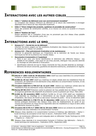 QUALITE SANITAIRE DE L’EAU                                               14



INTERACTIONS AVEC LES AUTRES CIBLES __________
        Cible 1 "relation du bâtiment avec son environnement immédiat"
        La conception des réseaux intérieurs du bâtiment et la nature des traitements à envisager
        dépendent de la nature de l'eau disponible localement
        Cible 2 "Choix intégré des produits, systèmes et procédés de construction"
        Choix des produits de construction certifiés, et en fonction de critères de durabilité et d'impacts
        sanitaires
        Cible 5 "Gestion de l'eau"
        Risque sanitaire liée à l‟utilisation d‟une eau ne provenant pas d‟un réseau d‟eau potable
        (ressource propre : eau pluviale, puits, etc.)



INTERACTIONS AVEC LE SMO____________________
        Annexe A.7 – Carnet de vie du bâtiment
        Informer les futurs usagers sur les conditions d‟utilisation des réseaux d‟eau (surtout en cas
        de présence d'un réseau non potable)
        Annexe A.6 – Plan prévisionnel d'entretien et de maintenance
        Informer le personnel technique sur l‟importance de la restriction de l‟accès aux locaux
        techniques du fait de la présence d‟un double réseau.
        Documents à transmettre à l'exploitant
         Plans à jour avec une bonne identification et distinction des différents réseaux : eau
          potable et non potable ; mais aussi en cas d‟eau pluviale, distinguer l‟eau pluviale destinée
          au stockage de celle destinée à l‟évacuation.
           Identification distincte de tout le réseau d‟amenée de l‟eau pluviale destinée au stockage :
            éléments de toiture concernés, gouttières de descente extérieures, canalisations et regards.



REFERENCES REGLEMENTAIRES __________________
    [A] Décret n° 2001-1220 du 20 décembre 2001 relatif aux eaux destinées à la consommation
    [A]
    [A]
        humaine, à l'exclusion des eaux minérales ;
    [B] Arrêté du 29 mai 1997 relatif aux matériaux et objets utilisés dans les installations fixes de
    [B]
    [B]
        production, de traitement et de distribution d'eau destinée à la consommation humaine, et ses
        circulaires d'application ;
    [C] Circulaire DGS/VS 4 n°99-217 du 12 avril 1999 relative aux matériaux utilisés dans les
    [C]
    [C]
        installations fixes de distribution d‟eaux destinées à la consommation humaine ;
    [D] Norme NF EN 1717 Protection contre la pollution de l'eau potable dans les réseaux intérieurs
    [D]
    [D]
        et exigences générales des dispositifs de protection contre la pollution par retour. Mars 2001
    [E] Arrêté du 30 novembre 2005 modifiant l'arrêté du 23 juin 1978 relatif aux installations
    [E]
    [E]
        fixes destinées au chauffage et à l'alimentation en eau chaude sanitaire des bâtiments
        d'habitation, des locaux de travail ou des locaux recevant du public Ŕ JO du 15 décembre 2005
    [F] Circulaire DGS/VS 4 n°98-771 du 31 décembre 1998 relative à la mise en œuvre des
    [F]
    [F]
        bonnes pratiques d‟entretien des réseaux d‟eau dans les établissements de santé et aux
        moyens de prévention du risque lié aux légionelles dans les installations à risque et dans celles
        des bâtiments recevant du public ;
   [G] Circulaire DG 5/VS 4 n° 2000-166 du 28 mars 2000 relative aux produits de procédés de
   [ G]
   [ G]
        traitement des eaux destinées à la consommation humaine
   [H] Réseaux d‟eau destinée à la consommation humaine à l‟intérieur des bâtiments Ŕ Partie I :
   [H]
   [H]
        Guide technique de conception et de mise en œuvre ; Publication CSTB ; Novembre 2003
       Nota : de nombreuses références sont indiquées dans ce référentiel "Guide Technique du CSTB
       – Chapitre xx – Fiche n°x"
   [I] Réseaux d‟eau destinée à la consommation humaine à l‟intérieur des bâtiments Ŕ Partie II :
   [ I]
   [ I]
        Guide technique de maintenance ; Publication CSTB ; Septembre 2005

   © Certivéa Ŕ décembre 2008- mise en application : 16/12/2008.                                      Cible 14
   Guide Pratique du Référentiel pour la Qualité Environnementale des Bâtiments « Bureau/Enseignement » 278/293
   Partie III : Guide pratique de la QEB
 
