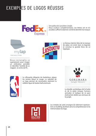 24
EXEMPLES DE LOGOS RÉUSSIS
Une police de caractères simple.
Deux couleurs complémentaires. Les lettres «d» et «E»
accoléessuffisentàdonneruneforteidentitéàlamarque.
La silhouette élégante du basketteur sépare
les teintes bleue et rouge. La sobriété de
ce logo permet de reconnaître aisément la
célèbre ligue de basket-ball américain.
Les initiales de cette enseigne du bâtiment représen-
tent un building, facilitant ainsi la compréhension et la
mémorisation du logo.
D e u x r e c t a n g l e s s e
superposent pour imager
un ordinateur portable
et identifier l’activité de ce
magasin : la vente de PC.
Le fameux damier bleu de la marque
de pâtes est entré dans la légende
et consitue la grande force de ce
logotype.
La double symbolique de la hutte
et de la patte évoque l’univers
animalier et ludique de ce parc
d’attraction dédié aux animaux de
la jungle.
 
