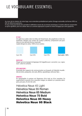 26
LE VOCABULAIRE ESSENTIEL
Au cours de la création de votre logo, vous entendrez probablement parler d’image vectorielle, de format JPEG ou
GIF, de références pantone...
Si vous n’avez pas besoin de connaître la définition exacte de ces termes techniques, il s’avére utile de comprendre
ce qu’ils signifient, pour les utiliser dans un contexte approprié et parler le même langage que votre graphiste.
À PLAT :
Un aplat (ou à-plat), dans le milieu de l’imprimerie, des graphistes et des ma-
quettistes, désigne une surface de couleur uniforme, comprenant une puis-
sance et une densité d’encre maximale.
L’aplat désigne la valeur 100% d’une couleur.
BASELINE :
Slogan qui accompagne le logotype. On l’appelle aussi « accroche » ou « signa-
ture » selon le contexte.
DÉCLINAISONS :
Ensemble des supports de communication sur lesquels vit l’identité visuelle :
tête de lettre, plaquette, site web, affiche, signalétique véhicule, flyer…
GRAISSE :
En typographie, la graisse est l’épaisseur d’un trait ou d’un caractère. En
augmentant la graisse d’un caractère maigre, on obtient un caractère demi-
gras, puis gras, et ainsi de suite.
Cyan 10%	 Cyan 40%	 	 Cyan 70%		 Cyan aplat : 100%
 