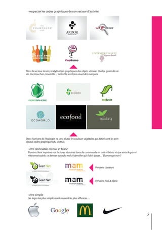 7
Dans le secteur du vin, la stylisation graphiques des objets viticoles (bulles, grain de rai-
sin, tire-bouchon, bouteille...) définit le territoire visuel des marques.
Dans l’univers de l’écologie, ce sont plutôt les couleurs végétales qui définissent les prin-
cipaux codes graphiques du secteur.
- respecter les codes graphiques de son secteur d’activité
- être déclinable en noir et blanc
Si votre client imprime vos factures et autres bons de commande en noir et blanc et que votre logo est
méconnaissable, ce dernier aura du mal à identifier qui il doit payer… Dommage non ?
- être simple
Les logos les plus simples sont souvent les plus efficaces…
Versions couleurs
Versions noir & blanc
 