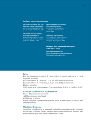 177




Quelques sources documentaires

Des visites confortables pour tous,     Déﬁcience visuelle et urbanisme,
cahier des charges d’accessibilité      L’accessibilité de la ville
aux personnes handicapées, Cité         aux aveugles et malvoyants,
des sciences et de l’industrie, 1992.   J.-F. Hugues, éditions Jacques
                                        Lanore, 1989.
Des musées pour tous, manuel
d’accessibilité physique et             Habiter une ville accessible,
sensorielle des musées, ministère       L.-P. Grosbois, P. Sautet, I. Joseph,
de la culture, Direction des musées     ministère de l’équipement, des
de France, 3e édition, 1997.            transports et du logement, 2002.



                                        Quelques sites Internet de ressources
                                        sur la basse vision
                                        http://www.bassevision.net
                                        http://membres.lycos.fr/pierreg/APAM.html
                                        http://www.tiresias.org/sru.htm




Écrans
Pour une distance écran-visiteur de l’ordre de 1,25 m, prendre un écran de 32 cm de
diagonale minimum.
Pour une distance de l’ordre de 2,25 m, un écran de 56 cm minimum.
Pour une distance de l’ordre de 3,25 m, un écran de 82 cm minimum.
Éliminer les reﬂets.
Si l’écran est situé en dessous de 0,75 m ou au-dessus de 1,90 m, l’incliner de 30°.

Salles de conférence et de projection
Niveau d’éclairement recommandé :
• 200 lux minimum dans la salle ;

• 300 lux sur la tribune.

Prévoir une plage de modulation possible, allant au moins jusqu’à 500 lux, pour
certaines activités.

Médiation humaine
Sensibiliser régulièrement le personnel : difﬁcultés rencontrées par les personnes
malvoyantes, solutions existant en général et dans l’établissement, conseils pour
mieux communiquer avec elles et leur faciliter la visite.
 