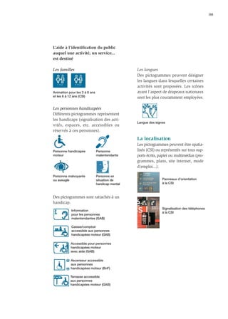 181




L’aide à l’identiﬁcation du public
auquel une activité, un service...
est destiné

Les familles                                     Les langues
                                                 Des pictogrammes peuvent désigner
                                                 les langues dans lesquelles certaines
                                                 activités sont proposées. Les icônes
Animation pour les 3 à 6 ans                     ayant l’aspect de drapeaux nationaux
et les 6 à 12 ans (CSI)                          sont les plus couramment employées.

Les personnes handicapées
Différents pictogrammes représentent
les handicaps (signalisation des acti-
                                                 Langue des signes
vités, espaces, etc. accessibles ou
réservés à ces personnes).

                                                 La localisation
                                                 Les pictogrammes peuvent être spatia-
Personne handicapée            Personne          lisés (CSI) ou représentés sur tous sup-
moteur                         malentendante     ports écrits, papier ou multimédias (pro-
                                                 grammes, plans, site Internet, mode
                                                 d’emploi...).

Personne malvoyante            Personne en
ou aveugle                     situation de                     Panneaux d’orientation
                               handicap mental                  à la CSI



Des pictogrammes sont rattachés à un
handicap.
                                                                Signalisation des téléphones
            Information
                                                                à la CSI
            pour les personnes
            malentendantes (GAB)

            Caisse/comptoir
            accessible aux personnes
            handicapées moteur (GAB)

           Accessible pour personnes
           handicapées moteur
           avec aide (GAB)




m
           Ascenseur accessible
           aux personnes
           handicapées moteur (BnF)

           Terrasse accessible
           aux personnes
           handicapées moteur (GAB)
 
