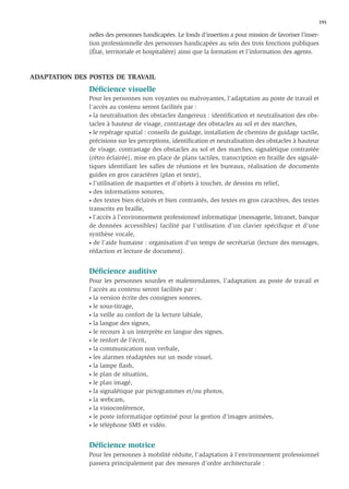 191

               nelles des personnes handicapées. Le fonds d’insertion a pour mission de favoriser l’inser-
               tion professionnelle des personnes handicapées au sein des trois fonctions publiques
               (État, territoriale et hospitalière) ainsi que la formation et l’information des agents.



ADAPTATION DES POSTES DE TRAVAIL
               Déﬁcience visuelle
               Pour les personnes non voyantes ou malvoyantes, l’adaptation au poste de travail et
               l’accès au contenu seront facilités par :
               • la neutralisation des obstacles dangereux : identiﬁcation et neutralisation des obs-

               tacles à hauteur de visage, contrastage des obstacles au sol et des marches,
               • le repérage spatial : conseils de guidage, installation de chemins de guidage tactile,

               précisions sur les perceptions, identiﬁcation et neutralisation des obstacles à hauteur
               de visage, contrastage des obstacles au sol et des marches, signalétique contrastée
               (rétro éclairée), mise en place de plans tactiles, transcription en braille des signalé-
               tiques identifiant les salles de réunions et les bureaux, réalisation de documents
               guides en gros caractères (plan et texte),
               • l’utilisation de maquettes et d’objets à toucher, de dessins en relief,

               • des informations sonores,

               • des textes bien éclairés et bien contrastés, des textes en gros caractères, des textes

               transcrits en braille,
               • l’accès à l’environnement professionnel informatique (messagerie, Intranet, banque

               de données accessibles) facilité par l’utilisation d’un clavier spécifique et d’une
               synthèse vocale,
               • de l’aide humaine : organisation d’un temps de secrétariat (lecture des messages,

               rédaction et lecture de document).


               Déﬁcience auditive
               Pour les personnes sourdes et malentendantes, l’adaptation au poste de travail et
               l’accès au contenu seront facilités par :
               • la version écrite des consignes sonores,

               • le sous-titrage,

               • la veille au confort de la lecture labiale,

               • la langue des signes,

               • le recours à un interprète en langue des signes,

               • le renfort de l’écrit,

               • la communication non verbale,

               • les alarmes réadaptées sur un mode visuel,

               • la lampe ﬂash,

               • le plan de situation,

               • le plan imagé,

               • la signalétique par pictogrammes et/ou photos,

               • la webcam,

               • la visioconférence,

               • le poste informatique optimisé pour la gestion d’images animées,

               • le téléphone SMS et vidéo.



               Déﬁcience motrice
               Pour les personnes à mobilité réduite, l’adaptation à l’environnement professionnel
               passera principalement par des mesures d’ordre architecturale :
 