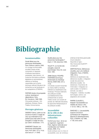 202




      Bibliographie
        Incontournables                       Quelle place pour les              schémas et des ﬁches grand public
                                              personnes handicapées ?            d'auto évaluation.
        Guide Néret pour les                  Esprit, n° 259, décembre 1999.     Disponible en ligne :
        personnes handicapées.                                                   http://www.anah.fr/pdf/CPT-
        Paris, Éditions Liaisons, 2006.       VILLEY P., Le monde des            complet.pdf
        Un ouvrage incontournable,            aveugles, essai de
        actualisé chaque année,                                                  GRIFFON Pierre, Déﬁciences
                                              psychologie. Paris, Éd. José
        comportant un répertoire                                                 visuelles, pour une meilleure
                                              Corti, 1984.
        d’adresses (associations,                                                intégration. Paris, CTNERHI,
        prestataires, sites Internet...) et                                      1995, 242 p.
                                              ZRIBI Gérard, POUPÉE-
        toutes les informations juridiques,                                      Déﬁnitions et classiﬁcation des
                                              FONTAINE Dominique,
        législatives et administratives                                          déﬁciences visuelles. L’intégration
                                              Dictionnaire du handicap.
        relatives au handicap                                                    sociale des personnes
                                              Rennes, ENSP, 2002, 327 p.
        rassemblées par le Centre                                                déﬁcientes visuelles : les
                                              4e éd.
        technique national d’études et de                                        résistances, l’importance de
                                              310 articles couvrent l’ensemble
        recherches sur les handicaps et                                          l’information ; l’intégration en
                                              du champ relatif au handicap.
        les inadaptations (CTNERHI).                                             cadre scolaire ; le maintien à
                                              Déﬁnitions et classiﬁcations des
                                                                                 domicile. Les aides à
                                              handicaps. Principaux éléments
        FERTIER André, Encyclopédie                                              l’intégration : matériels, nouvelles
                                              des politiques sociales.
        culture, handicap et                                                     technologies, actions. Les
                                              Les établissements et les
        dépendance. Paris,                                                       adaptations de la société.
                                              professionnels du secteur
        Éd. Cemaforre, 1996-1998.             médico-social. Les courants de
        Cinq guides pratiques : Arts                                             PARRIE-CLAUDE S.,
                                              pensée, les méthodes éducatives,
        plastiques, Musique, Danse,                                              Adapter l’accessibilité aux
                                              les approches thérapeutiques et
        Théâtre, Écriture-lecture.                                               intérêts de chacun. Être,
                                              les pratiques sociales.
                                                                                 n° 22-23, 1996, p. 105-106.

        Ouvrages généraux
                                              Accessibilité                      SANCHEZ J., L’accessibilité,
        DIDEROT Denis, Lettre sur les         de la ville et des                 support concret et
        sourds et muets à l’usage de                                             symbolique de l’intégration
                                              infrastructures
        ceux qui entendent et qui                                                (apports et développement).
        parlent [suivi de] Lettre sur les
                                              culturelles                        Paris, CTNERHI, mai 1989,
        aveugles à l’usage de ceux            Confort pour tous : de la rue      n° 169. (Hors série)
        qui voient. Amsterdam, 1772.          au logement ; logement.
                                              Paris, Agence nationale pour
        HAMONET Claude, Les                   l'amélioration de l'habitat
        Personnes handicapées.                (Anah), 2006, 72 p.
        Paris, PUF, 2004, 127 p. 4e éd.       Guide pratique pour la mise en
        (Que sais-je ? ; n° 2556)             accessibilité, avec de nombreux
 