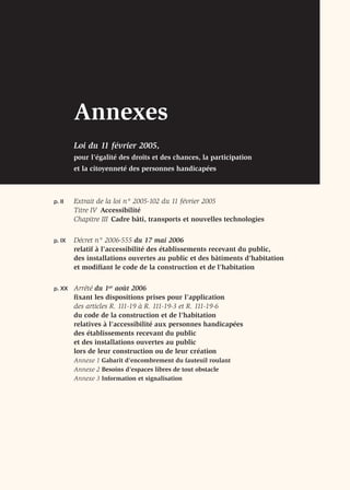 Annexes
        Loi du 11 février 2005,
        pour l’égalité des droits et des chances, la participation
        et la citoyenneté des personnes handicapées



p. II   Extrait de la loi n° 2005-102 du 11 février 2005
        Titre IV Accessibilité
        Chapitre III Cadre bâti, transports et nouvelles technologies

p. IX   Décret n° 2006-555 du 17 mai 2006
        relatif à l’accessibilité des établissements recevant du public,
        des installations ouvertes au public et des bâtiments d’habitation
        et modiﬁant le code de la construction et de l’habitation

p. XX   Arrêté du 1er août 2006
        ﬁxant les dispositions prises pour l’application
        des articles R. 111-19 à R. 111-19-3 et R. 111-19-6
        du code de la construction et de l’habitation
        relatives à l’accessibilité aux personnes handicapées
        des établissements recevant du public
        et des installations ouvertes au public
        lors de leur construction ou de leur création
        Annexe 1 Gabarit d’encombrement du fauteuil roulant
        Annexe 2 Besoins d’espaces libres de tout obstacle
        Annexe 3 Information et signalisation
 
