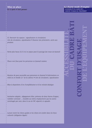 Mise en place                                                                 La charte mode d’emploi
Ce à quoi il faut penser                                                       ACCESSIBILITÉ DU CADRE BÂTI ,
                                                                               CONFORT D ’ USAGE DE L’ ÉQUIPEMENT




                                                                                     DU CADRE BÂTI

                                                                                  DE L’ÉQUIPEMENT
                                                                                   ACCESSIBILITÉ
Cf. Parcourir les espaces : signalisation et circulations




                                                                              CONFORT D’USAGE
Aire de circulation, signalisation • Hauteur des présentoirs, accès aux
produits




Partie plus basse (0,72 m) et espace pour le passage des roues de fauteuil




Places non ﬁxes pour les personnes en fauteuil roulant.




Hauteur de pose accessible aux personnes en fauteuil • Informations en
relief ou en braille (n° de la cabine) • Aire de circulation, signalisation



Mise à disposition d’un d’ampliﬁcateur et d’un minitel dialogue




Sanitaires adaptés : dégagement libre, présence de deux barres d’appui,
mobilier contrasté…, installés au même emplacement que les autres
(aménagés par sexe, dans le cas de WC séparés) et signalés




Laisser entrer les chiens guides et les chiens de confort dans les lieux
culturels (obligation légale)
 