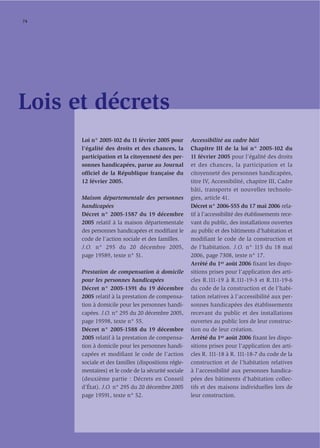 74




Lois et décrets
      Loi n° 2005-102 du 11 février 2005 pour        Accessibilité au cadre bâti
      l’égalité des droits et des chances, la        Chapitre III de la loi n° 2005-102 du
      participation et la citoyenneté des per-       11 février 2005 pour l’égalité des droits
      sonnes handicapées, parue au Journal           et des chances, la participation et la
      ofﬁciel de la République française du          citoyenneté des personnes handicapées,
      12 février 2005.                               titre IV, Accessibilité, chapitre III, Cadre
                                                     bâti, transports et nouvelles technolo-
      Maison départementale des personnes            gies, article 41.
      handicapées                                    Décret n° 2006-555 du 17 mai 2006 rela-
      Décret n° 2005-1587 du 19 décembre             tif à l’accessibilité des établissements rece-
      2005 relatif à la maison départementale        vant du public, des installations ouvertes
      des personnes handicapées et modiﬁant le       au public et des bâtiments d’habitation et
      code de l’action sociale et des familles.      modifiant le code de la construction et
      J.O. n° 295 du 20 décembre 2005,               de l’habitation. J.O. n° 115 du 18 mai
      page 19589, texte n° 51.                       2006, page 7308, texte n° 17.
                                                     Arrêté du 1er août 2006 fixant les dispo-
      Prestation de compensation à domicile          sitions prises pour l’application des arti-
      pour les personnes handicapées                 cles R.111-19 à R.111-19-3 et R.111-19-6
      Décret n° 2005-1591 du 19 décembre             du code de la construction et de l’habi-
      2005 relatif à la prestation de compensa-      tation relatives à l’accessibilité aux per-
      tion à domicile pour les personnes handi-      sonnes handicapées des établissements
      capées. J.O. n° 295 du 20 décembre 2005,       recevant du public et des installations
      page 19598, texte n° 55.                       ouvertes au public lors de leur construc-
      Décret n° 2005-1588 du 19 décembre             tion ou de leur création.
      2005 relatif à la prestation de compensa-      Arrêté du 1er août 2006 ﬁxant les dispo-
      tion à domicile pour les personnes handi-      sitions prises pour l’application des arti-
      capées et modifiant le code de l’action        cles R. 111-18 à R. 111-18-7 du code de la
      sociale et des familles (dispositions régle-   construction et de l’habitation relatives
      mentaires) et le code de la sécurité sociale   à l’accessibilité aux personnes handica-
      (deuxième partie : Décrets en Conseil          pées des bâtiments d’habitation collec-
      d’État). J.O. n° 295 du 20 décembre 2005       tifs et des maisons individuelles lors de
      page 19591, texte n° 52.                       leur construction.
 