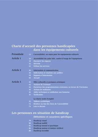 Charte d’accueil des personnes handicapées
              dans les équipements culturels
Préambule   12   L’accessibilité, un enjeu pour les équipements culturels

Article 1   16   Accessibilité du cadre bâti, confort d’usage de l’équipement
            18   Parcourir les espaces
            32   Sécurité
            32   Utiliser les services

Article 2   36   Information et communication
            36   Sollicitation et relations aux publics
            38   Supports d’information
            40   Accueil

Article 3   42   Offre culturelle et pratiques artistiques
            42   Analyse de l’existant
            42   Ouverture des programmations existantes, en faveur de l’inclusion
            43   Actions de médiation
            46   Aides techniques et médiation non humaine
            51   Tariﬁcation

                 La charte mode d’emploi
            52   Tableau synthétique
            72   Réaliser un état des lieux de l’accessibilité
            74   Lois et décrets


Les personnes en situation de handicap
                 Déﬁnitions et caractères spéciﬁques
            78   Handicap visuel
            80   Handicap auditif
            82   Handicap mental et psychique
            86   Handicap moteur et moteur cérébral
            88   Handicap invisible
 