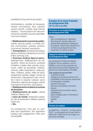 cessibilité et d’accueil de ces publics.
                                                 À propos de la norme française
Administrations, sociétés de transports,         du pictogramme S3A
centres commerciaux, lieux culturels,            (NF X 05-050 de mai 2000)
centres sportifs, musées, sites Internet,
                                                 Fonction et caractéristiques
hôpitaux… tous les acteurs de notre envi-        du pictogramme S3A
ronnement quotidien peuvent potentielle-
ment s’en emparer :                              Il doit :
                                                 > être immédiatement repérable ;
> Établissements recevant du public :            > être situé de manière telle qu’il
mairies, services publics, La Poste, cen-            puisse être rapidement distingué.
tres commerciaux, grandes surfaces,                  Au besoin, il devra être séparé d’un
commerces, banques, assurances…                      nombre de pictogrammes trop
> transporteurs : transports ferroviaires,           important au même endroit.
aériens, maritimes, transports en commun
                                                 Supports destinés à recevoir
(métro, tramway, bus)…                           le pictogramme S3A
> tourisme -Culture-Sport-Loisirs :
hébergements, établissements de res-             Le pictogramme S3A est destiné
tauration, offices de tourisme, syndicats        à figurer, soit en extérieur, soit en
d’initiative, musées, sites culturels, monu-     intérieur, sur tous les supports, les
ments, salles de spectacles, théâtres,           services et les produits adaptés aux
cinémas, salles d’expositions, visites gui-      personnes handicapées mentales.
dées, châteaux, jardins, salles de sport,        Ces supports peuvent être :
équipements sportifs, plages, circuits de        > à l’entrée du site ;
randonnées, hébergement avec anima-              > badge pour le personnel formé et
tion, loisirs et espaces ludiques, parcs            sensibilisé à l’accueil des personnes
d’attraction, agences de voyages, centres           handicapées mentales ;
d’animations et de loisirs, associations…
                                                 > guichet d’accueil ;
                                                 > services et prestations de toute
> Établissements scolaires et centres               nature ;
de formation                                     > équipements et produits divers ;
> Établissements de santé : cabinet              > signalétique ;
médical, hôpitaux, etc.                          > plans d’étage, plans d’orientation ;
> Lieux de travail : entreprises (vestiai-       > brochures ;
res, lieu de restauration, toilettes, poste de   > guides ;
travail, etc.).                                  > etc.
> Etc.
                                                 Forme et couleur
Ce pictogramme n’est pas un sym-
                                                 La référence « Pantone » du bleu est le
bole sans signification. Son apposition          301C. Le pictogramme ne peut être ni
implique des engagements réels pour              déformé ni détourné et sa couleur ne
l’accessibilité.                                 peut être changée.



                                                                                            y
                                                                                        17
 