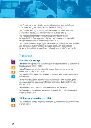 ;; Prévoir sur le plan de ville une signalisation des sites spécifiques
         à l’aide de pictogrammes sur le plan (Fiches 2, 3 et 4)
         ;; Doubler d’un signal sonore les informations visuelles destinées
         à l’indication des lieux ou à l’information du public (Fiche 4)
         ;; Associer l’information écrite utilisée pour indiquer un lieu
         (une destination) à un logo, un pictogramme ou une image (exemple :
         un logo représentant la Tour Eiffel) (Fiches 3 et 4)
         ;; Utiliser les outils de guidage informatique (type GPS). Souvent destinés
         aux personnes malvoyantes ou aveugles, ils peuvent être utiles et
         facilement adaptés aux spécificités du handicap mental (Fiches 4 et 7)


         Transports
voir
fiches   Préparer son voyage
    1    ;;; Former le personnel au handicap mental pour assurer la plate-forme
         téléphonique (Fiches 1 et 4)
    2    ;;; Proposer un service d’assistance par du personnel formé au
         handicap mental (Fiches 1 et 4)
    4
         ;; Identifier éventuellement les personnes en amont comme passagers
    7    handicapés
         ; Mettre à disposition des informations adaptées : fiche horaires, plan
         de réseau, plan de lignes, guide tarifaire, panneaux d’informations, etc.
         (Fiches 2 et 4)
         ; Créer des plans interactifs facilement utilisables (Fiche 2)
         ; Créer des outils adaptés permettant de construire une feuille de route
         simple (Fiches 4 et 7)

voir
fiches   S’informer et acheter son billet
    3    ;; Identifier à l’aide d’un pictogramme les points d’information et de vente
         (Fiches 3 et 4)
    4




i
 28
 