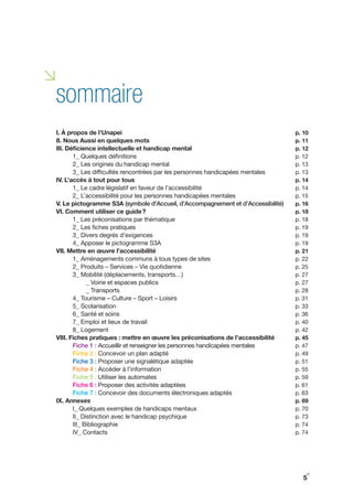 i
sommaire
I. À propos de l’Unapei                                                          p. 10
II. Nous Aussi en quelques mots                                                  p. 11
III. Déficience intellectuelle et handicap mental                                p. 12
       1_ Quelques définitions                                                   p. 12
       2_ Les origines du handicap mental                                        p. 13
       3_ Les difficultés rencontrées par les personnes handicapées mentales     p. 13
IV. L’accès à tout pour tous                                                     p. 14
       1_ Le cadre législatif en faveur de l’accessibilité                       p. 14
       2_ L’accessibilité pour les personnes handicapées mentales                p. 15
V. Le pictogramme S3A (symbole d’Accueil, d’Accompagnement et d’Accessibilité)   p. 16
VI. Comment utiliser ce guide ?                                                  p. 18
       1_ Les préconisations par thématique                                      p. 18
       2_ Les fiches pratiques                                                   p. 19
       3_ Divers degrés d’exigences                                              p. 19
       4_ Apposer le pictogramme S3A                                             p. 19
VII. Mettre en œuvre l’accessibilité                                             p. 21
       1_ Aménagements communs à tous types de sites                             p. 22
       2_ Produits – Services – Vie quotidienne                                  p. 25
       3_ Mobilité (déplacements, transports…)                                   p. 27
             _ Voirie et espaces publics                                         p. 27
             _ Transports                                                        p. 28
       4_ Tourisme – Culture – Sport – Loisirs                                   p. 31
       5_ Scolarisation                                                          p. 33
       6_ Santé et soins                                                         p. 36
       7_ Emploi et lieux de travail                                             p. 40
       8_ Logement                                                               p. 42
VIII. Fiches pratiques : mettre en œuvre les préconisations de l’accessibilité   p. 45
       Fiche 1 : Accueillir et renseigner les personnes handicapées mentales     p. 47
       Fiche 2 : Concevoir un plan adapté                                        p. 49
       Fiche 3 : Proposer une signalétique adaptée                               p. 51
       Fiche 4 : Accéder à l’information                                         p. 55
       Fiche 5 : Utiliser les automates                                          p. 59
       Fiche 6 : Proposer des activités adaptées                                 p. 61
       Fiche 7 : Concevoir des documents électroniques adaptés                   p. 63
IX. Annexes                                                                      p. 69
       I_ Quelques exemples de handicaps mentaux                                 p. 70
       II_ Distinction avec le handicap psychique                                p. 73
       III_ Bibliographie                                                        p. 74
       IV_ Contacts                                                              p. 74




                                                                                     y
                                                                                    5
 