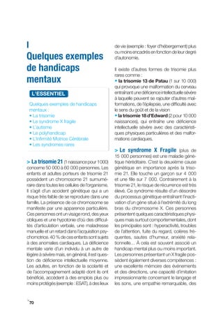 I                                                de vie (exemple : foyer d’hébergement) plus
                                                 ou moins encadrés en fonction de leur degré
Quelques exemples                                d’autonomie.

de handicaps                                     Il existe d’autres formes de trisomie plus
                                                 rares comme :
mentaux                                          • la trisomie 13 de Patau (1 sur 10 000)
                                                 qui provoque une malformation du cerveau
     L'ESSENtIEL                                 entraînant une déficience intellectuelle sévère
                                                 à laquelle peuvent se rajouter d’autres mal-
    Quelques exemples de handicaps               formations, de l’épilepsie, une difficulté avec
    mentaux :                                    le sens du goût et de la vision
    • La trisomie                                • la trisomie 18 d’Edward (2 pour 10 000
    • Le syndrome X fragile                      naissances), qui entraîne une déficience
    • L’autisme                                  intellectuelle sévère avec des caractéristi-
    • Le polyhandicap                            ques physiques particulières et des malfor-
    • L’Infirmité Motrice Cérébrale              mations cardiaques.
    • Les syndromes rares
                                                 > Le syndrome X Fragile (plus de
                                                 15 000 personnes) est une maladie géné-
> La trisomie 21 (1 naissance pour 1000)         tique héréditaire. C’est la deuxième cause
concerne 50 000 à 60 000 personnes. Les          génétique en importance après la triso-
enfants et adultes porteurs de trisomie 21       mie 21. Elle touche un garçon sur 4 000
possèdent un chromosome 21 surnumé-              et une fille sur 7 000. Contrairement à la
raire dans toutes les cellules de l’organisme.   trisomie 21, le risque de récurrence est très
Il s’agit d’un accident génétique qui a un       élevé. Ce syndrome résulte d’un désordre
risque très faible de se reproduire dans une     du processus génétique entraînant l’inacti-
famille. La présence de ce chromosome se         vation d’un gène situé à l’extrémité du long
manifeste par une apparence particulière.        bras du chromosome X. Ces personnes
Ces personnes ont un visage rond, des yeux       présentent quelques caractéristiques physi-
obliques et une hypotonie d’où des difficul-     ques mais surtout comportementales, dont
tés d’articulation verbale, une maladresse       les principales sont : hyperactivité, troubles
manuelle et un retard dans l’acquisition psy-    de l’attention, fuite du regard, colères fré-
chomotrice. 40 % de ces enfants sont sujets      quentes, sautes d’humeur, anxiété rela-
à des anomalies cardiaques. La déficience        tionnelle… À cela est souvent associé un
mentale varie d’un individu à un autre de        handicap mental plus ou moins important.
légère à sévère mais, en général, il est ques-   Les personnes présentant un X fragile pos-
tion de déficience intellectuelle moyenne.       sèdent également diverses compétences :
Les adultes, en fonction de la scolarité et      une excellente mémoire des événements
de l’accompagnement adapté dont ils ont          et des directions, une capacité d’imitation
bénéficié, accèdent à des emplois plus ou        impressionnante concernant le langage et
moins protégés (exemple : ESAT), à des lieux     les sons, une empathie remarquable, des


i
    70
 