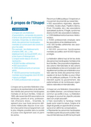 I                                            Reconnue d’utilité publique, l’Unapei est un
                                             mouvement de proximité qui rassemble :
À propos de l’Unapei                         > 600 associations régionales, départe-
                                             mentales, locales (Apei, Papillons blancs,
                                             Envol, Chrysalide, etc.), des associations
     L’ESSENtIEL
                                             spécialisées (autisme, X fragile, syndromes
    L’Unapei est une fédération              divers) et enfin des associations tutélaires ;
    d’associations, composée de parents,     > 3 000 établissements et services médico-
    d’amis et de personnes handicapées       sociaux ;
    mentales. Ensemble, ils défendent les    > 75 000 professionnels employés dans
    droits des personnes handicapées         les associations et les établissements ;
    mentales et construisent des solutions   > 60 000 familles adhérentes des asso­
    pour les aider.                          ciations affiliées ;
    Par exemple : les établissements         > 180i000 personnes handicapées
    d’enfants (IME, etc...), les             mentales accueillies dont 40 000 majeurs
    établissements de travail (ESAT, etc.)   protégés
    et les foyers d’hébergement.
    L’Unapei existe depuis 50 ans et         La fédération défend haut et fort les droits
    représente :                             des personnes handicapées mentales et de
    • 60 000 familles adhérentes             leurs familles. Des propositions législatives,
    • 600 associations                       des actions internationales et des actions
    • 3 000 établissements et services       de sensibilisation et de communication sont
    gérés                                    régulièrement portées par la fédération pour
    • 180 000 personnes handicapées          faire valoir les droits des personnes handi-
    mentales accompagnées dont 40 000        capées et de leurs familles ou pour influer
    majeurs protégés                         sur les politiques publiques. À ce titre, elle
    • 75 000 professionnels employés         intervient auprès du gouvernement, des
                                             parlementaires et de nombreuses organi-
                                             sations nationales et internationales.
L’Unapei est la première fédération d’as-
sociations de représentation et de défense   L’Unapei est une fédération d’associations
des intérêts des personnes handicapées       aux réalités diverses : une richesse mise en
mentales et de leurs familles. Créée en      commun qui profite à tous. La fédération
1960, elle rassemble 600 associations de     s’engage et poursuit les objectifs précisés
bénévoles, parents et amis, profession-      dans son projet associatif :
nels d’horizons divers… Ensemble, ils        > Faire reconnaître le handicap mental
agissent pour que toute personne défi-       (quels qu’en soient la nature, l’origine et le
ciente intellectuelle dispose d’une solu-    degré de gravité), en approfondir la connais-
tion d’accueil et d’accompagnement, soit     sance et en définir les compensations ;
la plus intégrée possible dans la société    > Représenter les personnes handicapées
et puisse vivre dignement avec et parmi      mentales auprès des pouvoirs publics natio-
les autres.                                  naux et internationaux et affirmer la primauté


i
 10
 