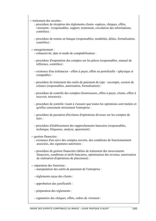 -- traitement des recettes :
     - procédure de réception des règlements clients -espèces, chèques, effets,
       virements - (responsables, support, traitement, circulation des informations,
       contrôles) :

   - procédure de remise en banque (responsables, modalités, délais, formalisation,
     contrôles) :

 -- enregistrement :
    - exhaustivité, date et mode de comptabilisation :

   - procédure d'imputation des comptes sur les pièces (responsables, manuel de
     référence, contrôles) :

   - existence d'un échéancier - effets à payer, effets en portefeuille - (physique et
     comptable) :

   - procédure de traitement des outils de paiement de type : escompte, cession de
     créance (responsables, autorisation, formalisation) :

   - procédure de contrôle des comptes (fournisseurs, effets à payer, clients, effets à
     recevoir, trésorerie) :

   - procédure de contrôle visant à s'assurer que toutes les opérations sont traitées et
     qu'elles concernent strictement l'entreprise :

   - procédure de passation d'écritures d'opérations diverses sur les comptes de
     tiers :

   - procédure d'établissement des rapprochements bancaires (responsables,
     technique, fréquence, analyse, apurement) :

 -- gestion financière :
    - existence d'un suivi des comptes ouverts, des conditions de fonctionnement
      associées, des signatures autorisées :

   - procédure de gestion financière (délais de traitement des mouvements
     financiers, conditions et tarifs bancaires, optimisation des revenus, autorisation
     de réalisation d'opérations de placement) :

 -- séparation des fonctions :
    - manipulation des outils de paiement de l'entreprise :

   - règlements reçus des clients :

   - approbation des justificatifs :

   - préparation des règlements :

   - signataires des chèques, effets, ordres de virement :


ORDRE DES EXPERTS COMPTABLES DU MAROC – GUIDE PRATIQUE D’AUDIT                         100
 