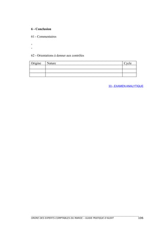 6 - Conclusion

61 - Commentaires

-
-

62 - Orientations à donner aux contrôles

Origine    Nature                                                  Cycle




                                                          33 - EXAMEN ANALYTIQUE




ORDRE DES EXPERTS COMPTABLES DU MAROC – GUIDE PRATIQUE D’AUDIT              106
 