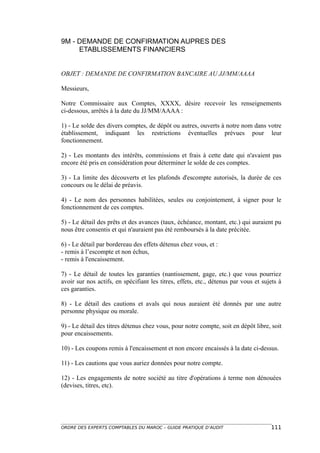 9M - DEMANDE DE CONFIRMATION AUPRES DES
     ETABLISSEMENTS FINANCIERS


OBJET : DEMANDE DE CONFIRMATION BANCAIRE AU JJ/MM/AAAA

Messieurs,

Notre Commissaire aux Comptes, XXXX, désire recevoir les renseignements
ci-dessous, arrêtés à la date du JJ/MM/AAAA :

1) - Le solde des divers comptes, de dépôt ou autres, ouverts à notre nom dans votre
établissement, indiquant les restrictions éventuelles prévues pour leur
fonctionnement.

2) - Les montants des intérêts, commissions et frais à cette date qui n'avaient pas
encore été pris en considération pour déterminer le solde de ces comptes.

3) - La limite des découverts et les plafonds d'escompte autorisés, la durée de ces
concours ou le délai de préavis.

4) - Le nom des personnes habilitées, seules ou conjointement, à signer pour le
fonctionnement de ces comptes.

5) - Le détail des prêts et des avances (taux, échéance, montant, etc.) qui auraient pu
nous être consentis et qui n'auraient pas été remboursés à la date précitée.

6) - Le détail par bordereau des effets détenus chez vous, et :
- remis à l’escompte et non échus,
- remis à l'encaissement.

7) - Le détail de toutes les garanties (nantissement, gage, etc.) que vous pourriez
avoir sur nos actifs, en spécifiant les titres, effets, etc., détenus par vous et sujets à
ces garanties.

8) - Le détail des cautions et avals qui nous auraient été donnés par une autre
personne physique ou morale.

9) - Le détail des titres détenus chez vous, pour notre compte, soit en dépôt libre, soit
pour encaissements.

10) - Les coupons remis à l'encaissement et non encore encaissés à la date ci-dessus.

11) - Les cautions que vous auriez données pour notre compte.

12) - Les engagements de notre société au titre d'opérations à terme non dénouées
(devises, titres, etc).




ORDRE DES EXPERTS COMPTABLES DU MAROC – GUIDE PRATIQUE D’AUDIT                       111
 