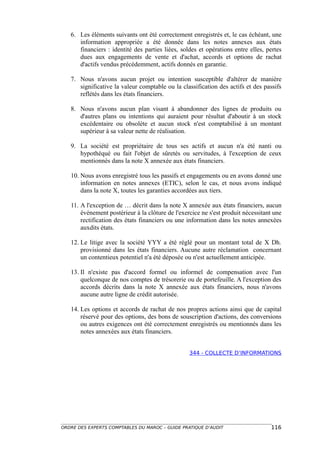 6. Les éléments suivants ont été correctement enregistrés et, le cas échéant, une
      information appropriée a été donnée dans les notes annexes aux états
      financiers : identité des parties liées, soldes et opérations entre elles, pertes
      dues aux engagements de vente et d'achat, accords et options de rachat
      d'actifs vendus précédemment, actifs donnés en garantie.

   7. Nous n'avons aucun projet ou intention susceptible d'altérer de manière
      significative la valeur comptable ou la classification des actifs et des passifs
      reflétés dans les états financiers.

   8. Nous n'avons aucun plan visant à abandonner des lignes de produits ou
      d'autres plans ou intentions qui auraient pour résultat d'aboutir à un stock
      excédentaire ou obsolète et aucun stock n'est comptabilisé à un montant
      supérieur à sa valeur nette de réalisation.

   9. La société est propriétaire de tous ses actifs et aucun n'a été nanti ou
      hypothéqué ou fait l'objet de sûretés ou servitudes, à l'exception de ceux
      mentionnés dans la note X annexée aux états financiers.

   10. Nous avons enregistré tous les passifs et engagements ou en avons donné une
       information en notes annexes (ETIC), selon le cas, et nous avons indiqué
       dans la note X, toutes les garanties accordées aux tiers.

   11. A l'exception de … décrit dans la note X annexée aux états financiers, aucun
       événement postérieur à la clôture de l'exercice ne s'est produit nécessitant une
       rectification des états financiers ou une information dans les notes annexées
       auxdits états.

   12. Le litige avec la société YYY a été réglé pour un montant total de X Dh.
       provisionné dans les états financiers. Aucune autre réclamation concernant
       un contentieux potentiel n'a été déposée ou n'est actuellement anticipée.

   13. Il n'existe pas d'accord formel ou informel de compensation avec l'un
       quelconque de nos comptes de trésorerie ou de portefeuille. A l'exception des
       accords décrits dans la note X annexée aux états financiers, nous n'avons
       aucune autre ligne de crédit autorisée.

   14. Les options et accords de rachat de nos propres actions ainsi que de capital
       réservé pour des options, des bons de souscription d'actions, des conversions
       ou autres exigences ont été correctement enregistrés ou mentionnés dans les
       notes annexées aux états financiers.


                                                  344 - COLLECTE D’INFORMATIONS




ORDRE DES EXPERTS COMPTABLES DU MAROC – GUIDE PRATIQUE D’AUDIT                    116
 