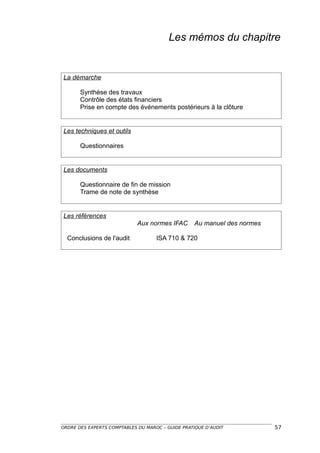 Les mémos du chapitre


La démarche

       Synthèse des travaux
       Contrôle des états financiers
       Prise en compte des événements postérieurs à la clôture


Les techniques et outils

       Questionnaires


Les documents

       Questionnaire de fin de mission
       Trame de note de synthèse


Les références
                             Aux normes IFAC      Au manuel des normes

  Conclusions de l'audit            ISA 710 & 720




ORDRE DES EXPERTS COMPTABLES DU MAROC – GUIDE PRATIQUE D’AUDIT           57
 