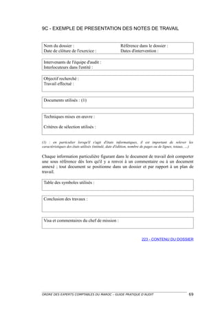 9C - EXEMPLE DE PRESENTATION DES NOTES DE TRAVAIL


 Nom du dossier :                                    Référence dans le dossier :
 Date de clôture de l'exercice :                     Dates d'intervention :

 Intervenants de l'équipe d'audit :
 Interlocuteurs dans l'entité :

 Objectif recherché :
 Travail effectué :


 Documents utilisés : (1)


 Techniques mises en œuvre :

 Critères de sélection utilisés :


(1) : en particulier lorsqu'il s'agit d'états informatiques, il est important de relever les
caractéristiques des états utilisés (intitulé, date d'édition, nombre de pages ou de lignes, totaux, …)

Chaque information particulière figurant dans le document de travail doit comporter
une sous référence dès lors qu'il y a renvoi à un commentaire ou à un document
annexé ; tout document se positionne dans un dossier et par rapport à un plan de
travail.

 Table des symboles utilisés :


 Conclusion des travaux :



 Visa et commentaires du chef de mission :



                                                                   223 - CONTENU DU DOSSIER




ORDRE DES EXPERTS COMPTABLES DU MAROC – GUIDE PRATIQUE D’AUDIT                                      69
 