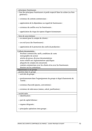 - principaux fournisseurs
-- liste des principaux fournisseurs et poids respectif dans les achats (ou frais
    généraux) :

 -- existence de contrats commerciaux :

 -- appréciation de la dépendance au regard de fournisseurs :

 -- existence de conflits avec les fournisseurs :

 -- appréciation du risque de rupture d'approvisionnement :

- liens de sous-traitance
  -- en amont (pour le compte de clients) :

 -- en aval (avec des fournisseurs) :

 -- appréciation de la protection des outils de production :

Collecte documentaire :
     brochure commerciale, tarifs, conditions de vente
     monographie du secteur
     articles de presse, diverses documentations
     textes relatifs aux réglementations spécifiques
     plaquette de comptes de concurrents
     contrats commerciaux avec les clients et/ou avec les fournisseurs
     dossiers sur les contentieux
Appartenance à un groupe
- position dans le groupe
  -- activités du groupe :

 -- positionnement dans l'organigramme du groupe et degré d'autonomie de
    l'entité :

 -- existence d'accords (pactes, conventions) :

 -- existence de redevances (nature, calcul, justification) :

- société mère
  -- identification :

 -- part de capital détenue :

 -- organes dirigeants :

 -- principales opérations intra-groupe :




ORDRE DES EXPERTS COMPTABLES DU MAROC – GUIDE PRATIQUE D’AUDIT                      73
 