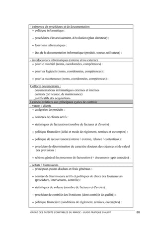 - existence de procédures et de documentation
  -- politique informatique :

 -- procédures d'investissement, d'évolution (plan directeur) :

 -- fonctions informatiques :

 -- état de la documentation informatique (produit, source, utilisateur) :

- interlocuteurs informatiques (interne et/ou externe)
  -- pour le matériel (noms, coordonnées, compétences) :

 -- pour les logiciels (noms, coordonnées, compétences) :

 -- pour la maintenance (noms, coordonnées, compétences) :

Collecte documentaire :
     documentations informatiques externes et internes
     contrats (de licence, de maintenance)
     justificatifs des acquisitions
Données relatives aux principaux cycles de contrôle
- ventes / clients
  -- catégories de produits :

 -- nombres de clients actifs :

 -- statistiques de facturation (nombre de factures et d'avoirs)

 -- politique financière (délai et mode de règlement, remises et escomptes) :

 -- politique de recouvrement (interne / externe, relance / contentieux) :

 -- procédure de détermination du caractère douteux des créances et de calcul
     des provisions :

 -- schéma général du processus de facturation (+ documents types associés) :

- achats / fournisseurs
  -- principaux postes d'achats et frais généraux :

 -- nombre de fournisseurs actifs et politiques de choix des fournisseurs
    (procédure, intervenants, contrôle) :

 -- statistiques de volume (nombre de factures et d'avoirs) :

 -- procédure de contrôle des livraisons (dont contrôle de qualité) :

 -- politique financière (conditions de règlement, remises, escomptes) :


ORDRE DES EXPERTS COMPTABLES DU MAROC – GUIDE PRATIQUE D’AUDIT                  80
 