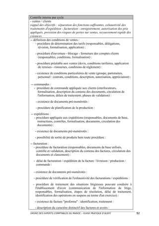 Contrôle interne par cycle
- ventes / clients
rappel des objectifs : séparation des fonctions suffisantes, exhaustivité des
traitements d'expédition - facturation - enregistrement, autorisation des prix
appliqués, provision des risques de pertes sur ventes, recouvrement rapide des
créances
-- définition des conditions de ventes :
     - procédure de détermination des tarifs (responsables, délégations,
       révision, formalisation, application) :
    - procédure d'ouverture - blocage - fermeture des comptes clients
      (responsables, conditions, formalisation) :
    - procédure préalable aux ventes (devis, conditions tarifaires, application
      de remises - ristournes, conditions de règlement) :
    - existence de conditions particulières de vente (groupe, partenaires,
      personnel : contrats, conditions, description, autorisation, appréciation) :

-- commandes :
   - procédure de commande appliquée aux clients (interlocuteurs,
      formalisation, description du contenu des documents, circulation de
      l'information, délais de traitement, phases de validation) :
    - existence de documents pré-numérotés :
    - procédure de planification de la production :
-- expéditions :
   - procédure appliquée aux expéditions (responsables, documents de base,
      instructions, contrôles, formalisation, documents, circulation des
      documents) :
   - existence de documents pré-numérotés :
   - possibilité de sortie de produits hors toute procédure :
-- facturation :
    - procédure de facturation (responsables, documents de base utilisés,
      contrôle et validation, description du contenu des factures, circulation des
      documents et classement) :
  - délai de facturation / expédition de la facture / livraison / production /
    commande :

  - existence de documents pré-numérotés :
  - procédure de vérification de l'exhaustivité des facturations / expéditions :
  - procédure de traitement des situations litigieuses pouvant conduire à
    l'établissement d'avoir (communication de l'information de litige,
    responsables, formalisation, étapes de résolution, délai de traitement,
    identification des opérations en suspens au terme d'un exercice) :
   - existence de facture "proforma" : identification, traitement :
   - description du caractère distinctif des factures et avoirs :
ORDRE DES EXPERTS COMPTABLES DU MAROC – GUIDE PRATIQUE D’AUDIT                       92
 
