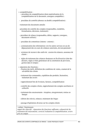 -- comptabilisation :
    - procédure de comptabilisation (dont matérialisation de la
      comptabilisation sur le document, consignes comptables) :

  - procédure de contrôle (absence ou double comptabilisation) :

  - traitement des documents annulés

  - procédure de contrôle des comptes (responsables, modalités,
      formalisation, décisions, traitement) :

   - procédure de relance (responsables, délais, supports, consignes,
      documents utilisés) :

   - procédure de contentieux (interne - externe) :

   - communication des informations vers les autres services en cas de
     dépassement des en cours de créances autorisées, de non-paiement :

  - existence de recours à des outils de : cession de créances, assurance de
    clients :

  - règles de traitement des créances douteuses en fin d'exercice (état des
     dossiers, règles et faits générateurs de la constitution de provision,
     gestion dans le temps) :

 -- séparation des fonctions :
    - fixation des tarifs, définition des conditions de ventes, examen de la
       solvabilité des clients

   - traitement des commandes, expédition des produits, facturation,
      traitement des avoirs

   - rapprochement bon de livraison, factures, comptabilisation

   - contrôle des comptes clients, rapprochement des comptes auxiliaires et
      collectifs

   - traitement des encaissements : réception, enregistrement, remise en
      banque

   - édition des relevés, relances, traitement des litiges

   - passage d'opérations diverses sur les comptes clients

- achats / fournisseurs
rappel des objectifs : séparation des fonctions suffisante, exhaustivité du
traitement des mouvements, correcte évaluation et comptabilisation, avoirs
pris en compte



ORDRE DES EXPERTS COMPTABLES DU MAROC – GUIDE PRATIQUE D’AUDIT                 93
 