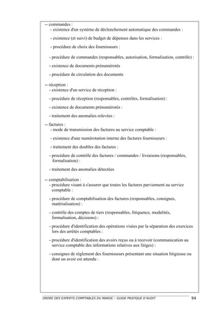 -- commandes :
     - existence d'un système de déclenchement automatique des commandes :
    - existence (et suivi) de budget de dépenses dans les services :
    - procédure de choix des fournisseurs :

   - procédure de commandes (responsables, autorisation, formalisation, contrôle) :
   - existence de documents prénumérotés
   - procédure de circulation des documents

 -- réception :
    - existence d'un service de réception :
   - procédure de réception (responsables, contrôles, formalisation) :
   - existence de documents prénumérotés :
   - traitement des anomalies relevées :
 -- factures :
     - mode de transmission des factures au service comptable :
    - existence d'une numérotation interne des factures fournisseurs :
    - traitement des doubles des factures :
   - procédure de contrôle des factures / commandes / livraisons (responsables,
     formalisation) :
   - traitement des anomalies détectées

 -- comptabilisation :
    - procédure visant à s'assurer que toutes les factures parviennent au service
      comptable :
   - procédure de comptabilisation des factures (responsables, consignes,
     matérialisation) :
   - contrôle des comptes de tiers (responsables, fréquence, modalités,
     formalisation, décisions) :
   - procédure d'identification des opérations visées par la séparation des exercices
     lors des arrêtés comptables :
   - procédure d'identification des avoirs reçus ou à recevoir (communication au
     service comptable des informations relatives aux litiges) :
   - consignes de règlement des fournisseurs présentant une situation litigieuse ou
     dont un avoir est attendu :




ORDRE DES EXPERTS COMPTABLES DU MAROC – GUIDE PRATIQUE D’AUDIT                        94
 