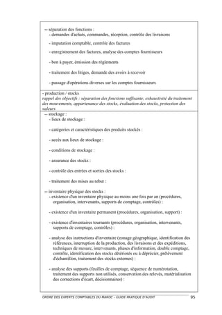 -- séparation des fonctions :
    - demandes d'achats, commandes, réception, contrôle des livraisons
   - imputation comptable, contrôle des factures
   - enregistrement des factures, analyse des comptes fournisseurs

   - bon à payer, émission des règlements

   - traitement des litiges, demande des avoirs à recevoir

   - passage d'opérations diverses sur les comptes fournisseurs

- production / stocks
rappel des objectifs : séparation des fonctions suffisante, exhaustivité du traitement
des mouvements, appartenance des stocks, évaluation des stocks, protection des
valeurs
  -- stockage :
     - lieux de stockage :

   - catégories et caractéristiques des produits stockés :

   - accès aux lieux de stockage :

   - conditions de stockage :

   - assurance des stocks :

   - contrôle des entrées et sorties des stocks :

   - traitement des mises au rebut :

 -- inventaire physique des stocks :
    - existence d'un inventaire physique au moins une fois par an (procédures,
       organisation, intervenants, supports de comptage, contrôles) :

   - existence d'un inventaire permanent (procédures, organisation, support) :

   - existence d'inventaires tournants (procédures, organisation, intervenants,
      supports de comptage, contrôles) :

   - analyse des instructions d'inventaire (zonage géographique, identification des
      références, interruption de la production, des livraisons et des expéditions,
      techniques de mesure, intervenants, phases d'information, double comptage,
      contrôle, identification des stocks détériorés ou à déprécier, prélèvement
      d'échantillon, traitement des stocks externes) :

   - analyse des supports (feuilles de comptage, séquence de numérotation,
      traitement des supports non utilisés, conservation des relevés, matérialisation
      des corrections d'écart, décisionnaires) :


ORDRE DES EXPERTS COMPTABLES DU MAROC – GUIDE PRATIQUE D’AUDIT                        95
 