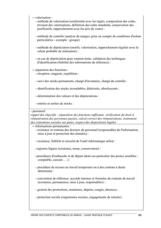 -- valorisation :
    - méthode de valorisation (conformité avec les règles, composition des coûts,
      révision des valorisations, définition des coûts standards, conservation des
      justificatifs, rapprochement avec les prix de vente) :

   - méthode de contrôle (analyse de marges, prise en compte de conditions d'achats
     particulières - exemple : groupe)

   - méthode de dépréciation (motifs, valorisation, rapprochement régulier avec la
     valeur probable de réalisation) :

   - en cas de dépréciation pour rotation lente, validation des techniques
     d'identification (fiabilité des informations de référence) :

 -- séparation des fonctions :
    - réception, magasin, expédition :

   - suivi des stocks permanents, chargé d'inventaire, chargé du contrôle :

   - identification des stocks invendables, détériorés, obsolescents :

   - détermination des valeurs et des dépréciations :

   - entrées et sorties de stocks :

- personnel
rappel des objectifs : séparation des fonctions suffisante, vérification du droit à
rémunération des personnes payées, calcul correct des rémunérations, traitement
des cotisations sociales sur paies, respect des dispositions légales
  -- informations permanentes :
     - existence et contenu des dossiers du personnel (responsables de l'information,
       mise à jour et protection des données) :

   - existence, fiabilité et sécurité de l'outil informatique utilisé :

   - registres légaux (existence, tenue, conservation) :

   - procédures d'embauche et de départ (dont cas particulier des postes sensibles :
      comptable, caissier, …) :

   - procédure de recours au travail temporaire ou à des contrats à durée
     déterminée :

   - convention de référence, accords internes et formules de contrats de travail
     (existence, permanence, mise à jour, responsables) :

   - gestion des promotions, mutations, départs, congés, absences :

   - protection sociale (organismes sociaux, engagements de retraite) :




ORDRE DES EXPERTS COMPTABLES DU MAROC – GUIDE PRATIQUE D’AUDIT                         96
 
