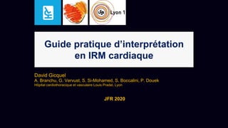 Guide pratique d’interprétation
en IRM cardiaque
David Gicquel
A. Branchu, G. Vervust, S. Si-Mohamed, S. Boccalini, P. Douek
Hôpital cardiothoracique et vasculaire Louis Pradel, Lyon
JFR 2020
 